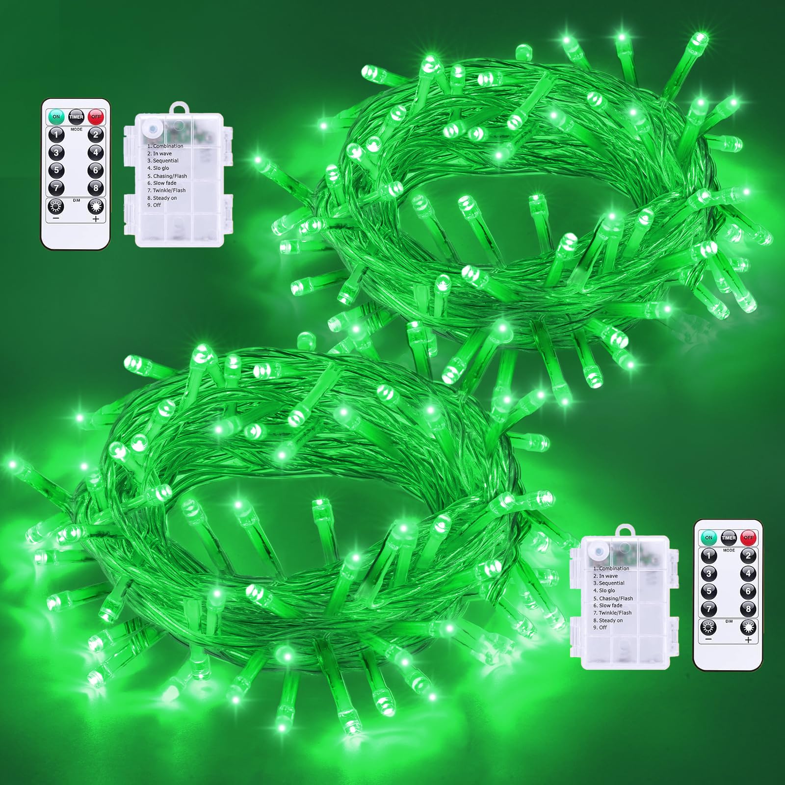 QITONG String Lights Battery Operated, 2 Pack Each 33ft 100 LED Green Christmas Lights Outdoor Waterproof, 8 Modes Clear Wire Tw