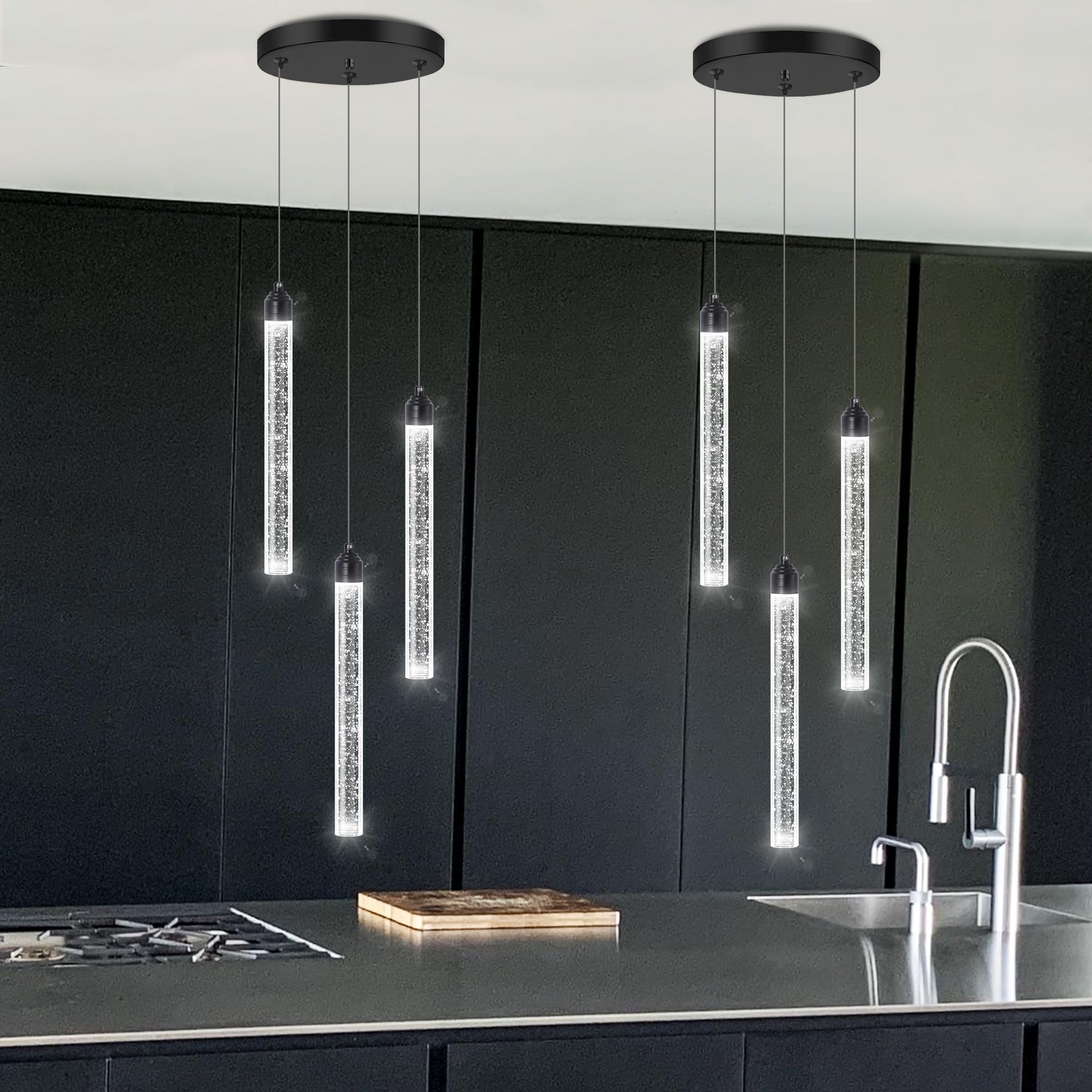 3 Light Black Pendant Lighting Mini Chandelier for Kitchen Island Modern Crystal LED Pendant Light Adjustable Dimmable Pendant L