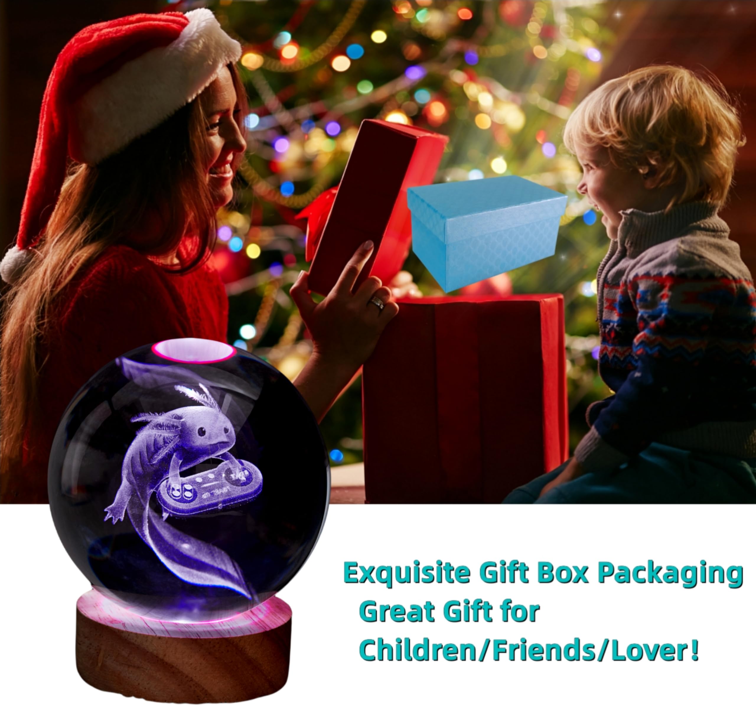 DIGFPWT Axolotl Crystal Ball Night Light, 3.15 Inch, 16 Color LED, Wooden Base, Gift Box Packing, Axolotl E