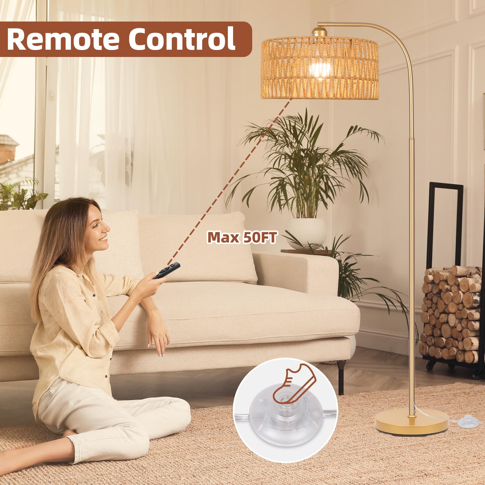 Brilvibera Gold Boho Floor Lamp - Adjustable Rattan Arc Lamp with Dimmable Bulb for Living Room, Bedroom, Office