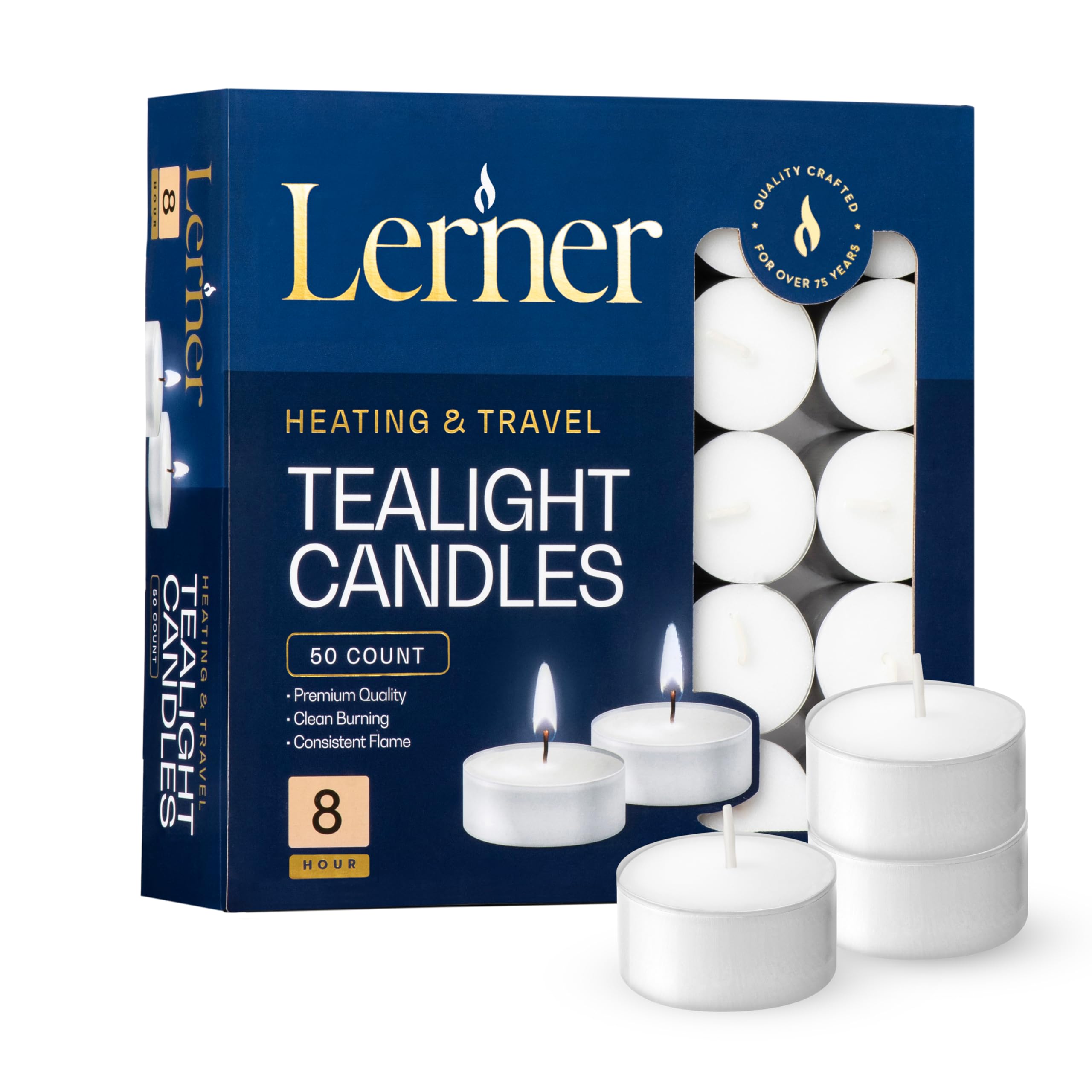 Lerner Tealight Candles  50 Count| 8 Hours Long-Burning White Tea Light Candles| Non-Toxic  Smokeless & Soot-Free Tea Light Warmer Candles | Unscented Party  D?Or  Shabbat Tea Candles