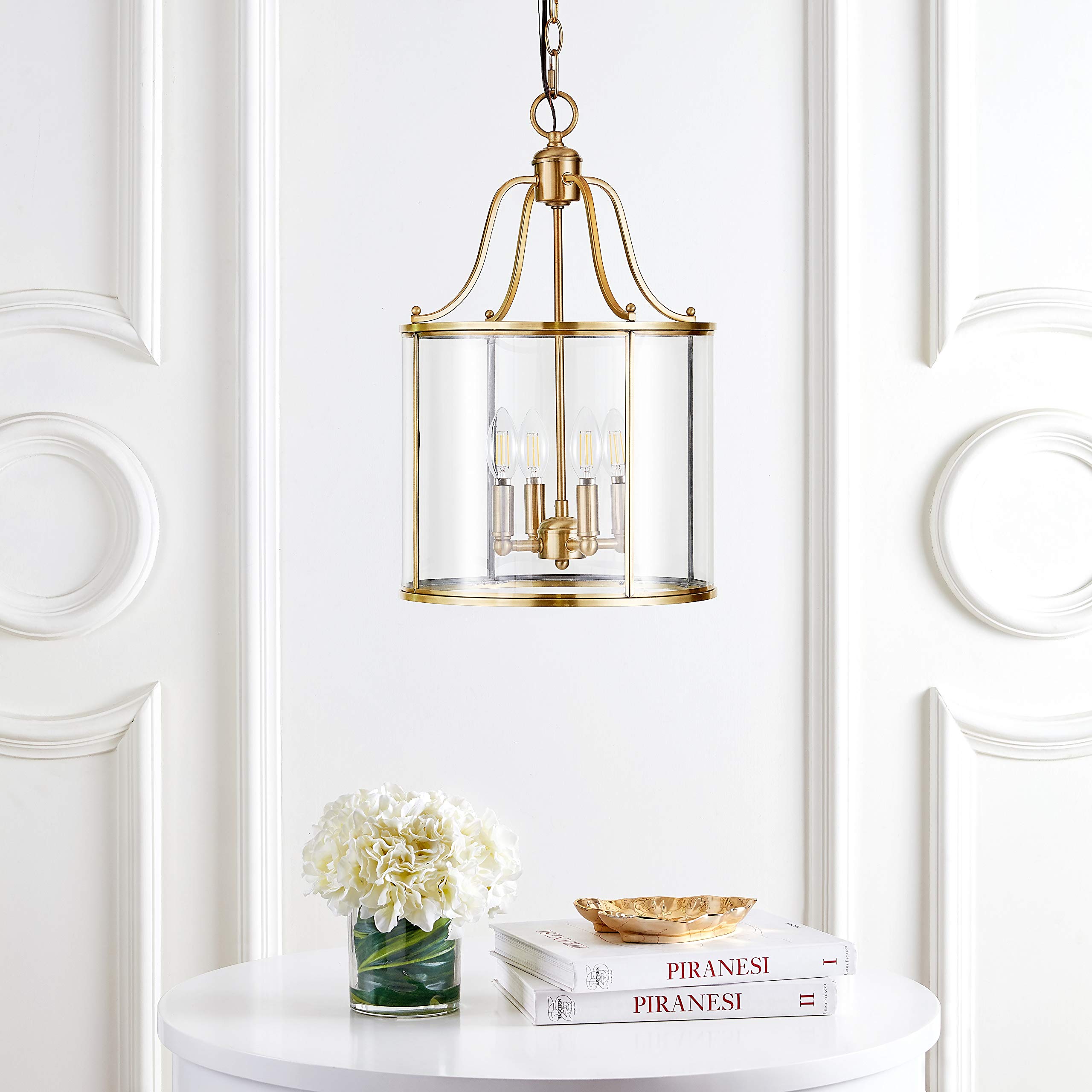 Safavieh Sutton Place 4-Light Adjustable Pendant Light Fixture, 13in Diameter, Brass and Clear Shade, Model LIT4220A, LED Bulbs Included