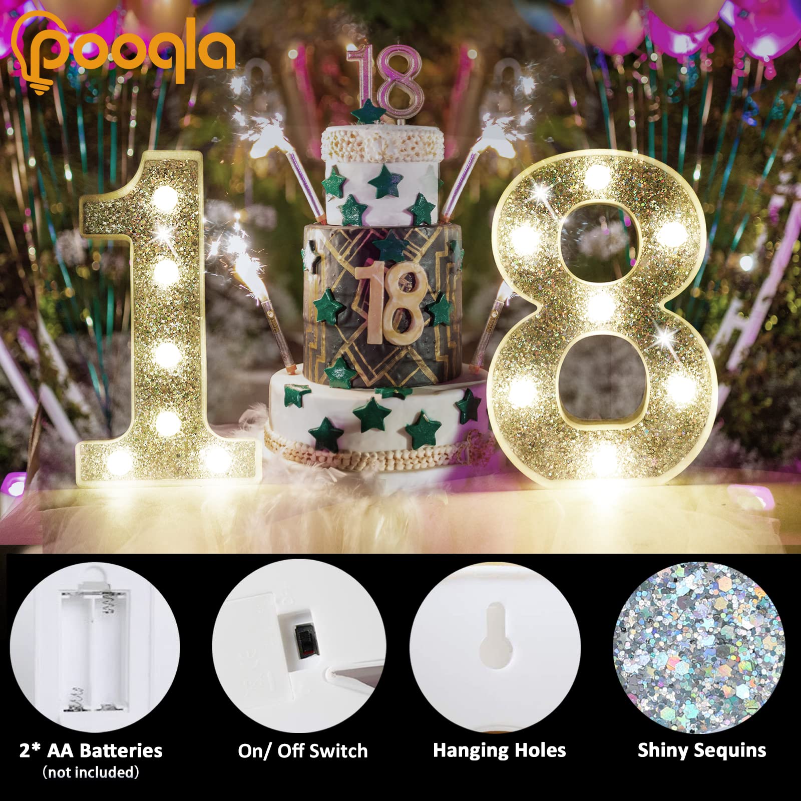 Pooqla Silver Number 7 Marquee Lights, Glitter Battery-Powered Night Light for Parties and Weddings