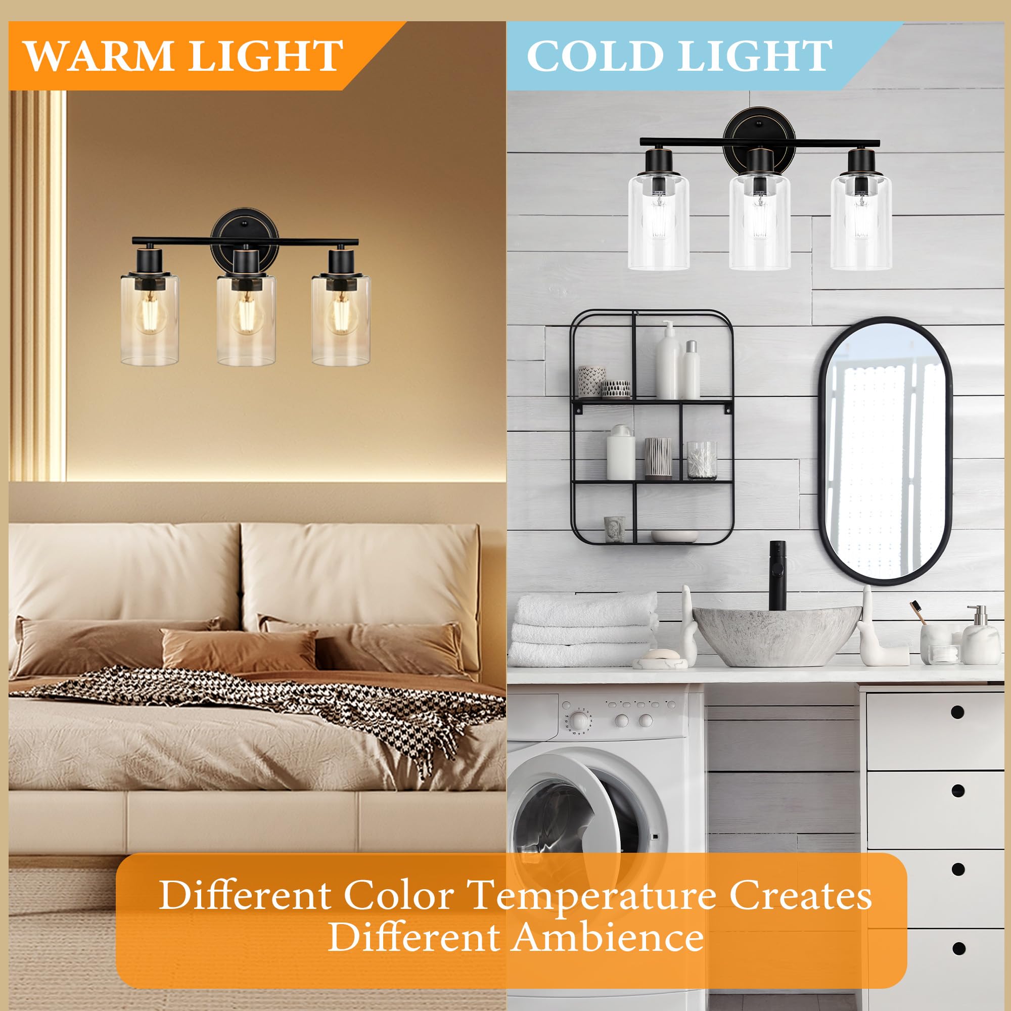 Faymart 3-Light Oil Rubbed Bronze Bathroom Vanity Light Fixture Over Mirror, Glass & Metal