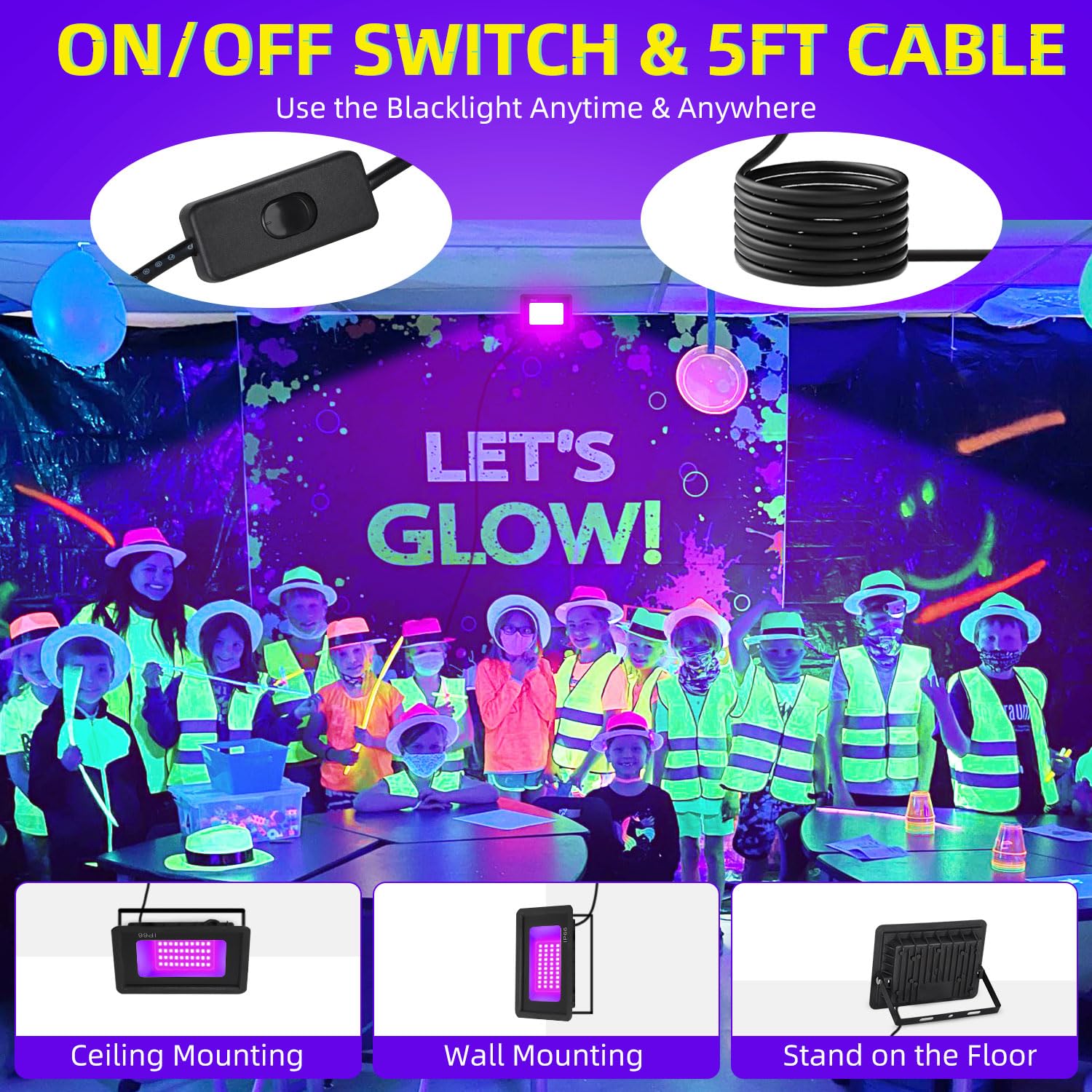 36W Led Black Light Ip66 Waterproof, Outdoor Blacklight Flood Light With Plug+Switch+Cord, Light Up 22X22Ft, For Neon Glow In The Dark Party Body Paint Fluorescent Poster Classroom Bedroom Halloween