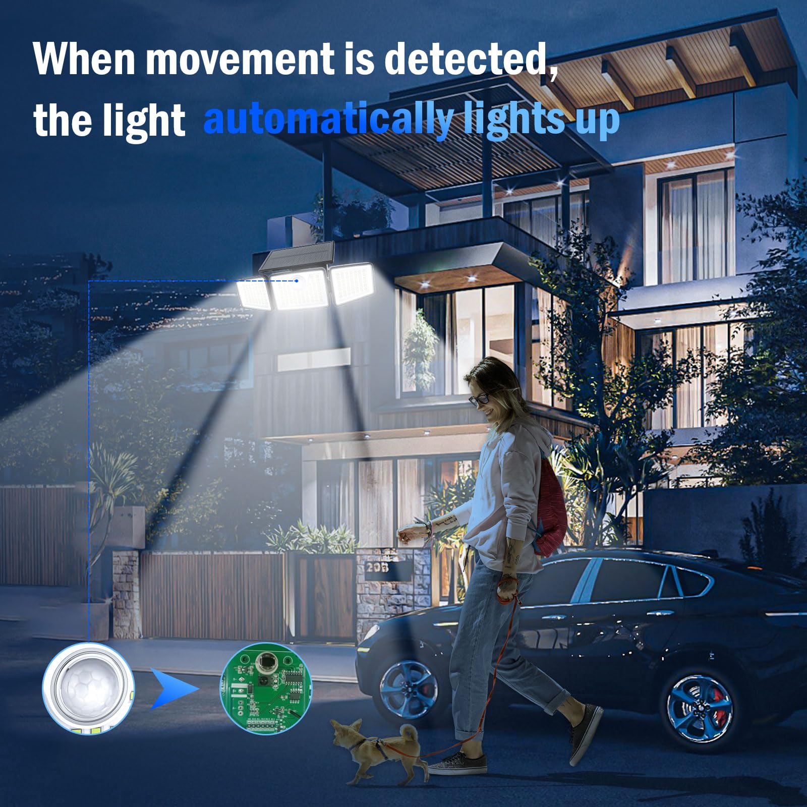 daphino 2500LM Solar Lights Outdoor, 3 Head 270° Motion Sensor, IP65 Waterproof, Remote, 4 Pcs, Black