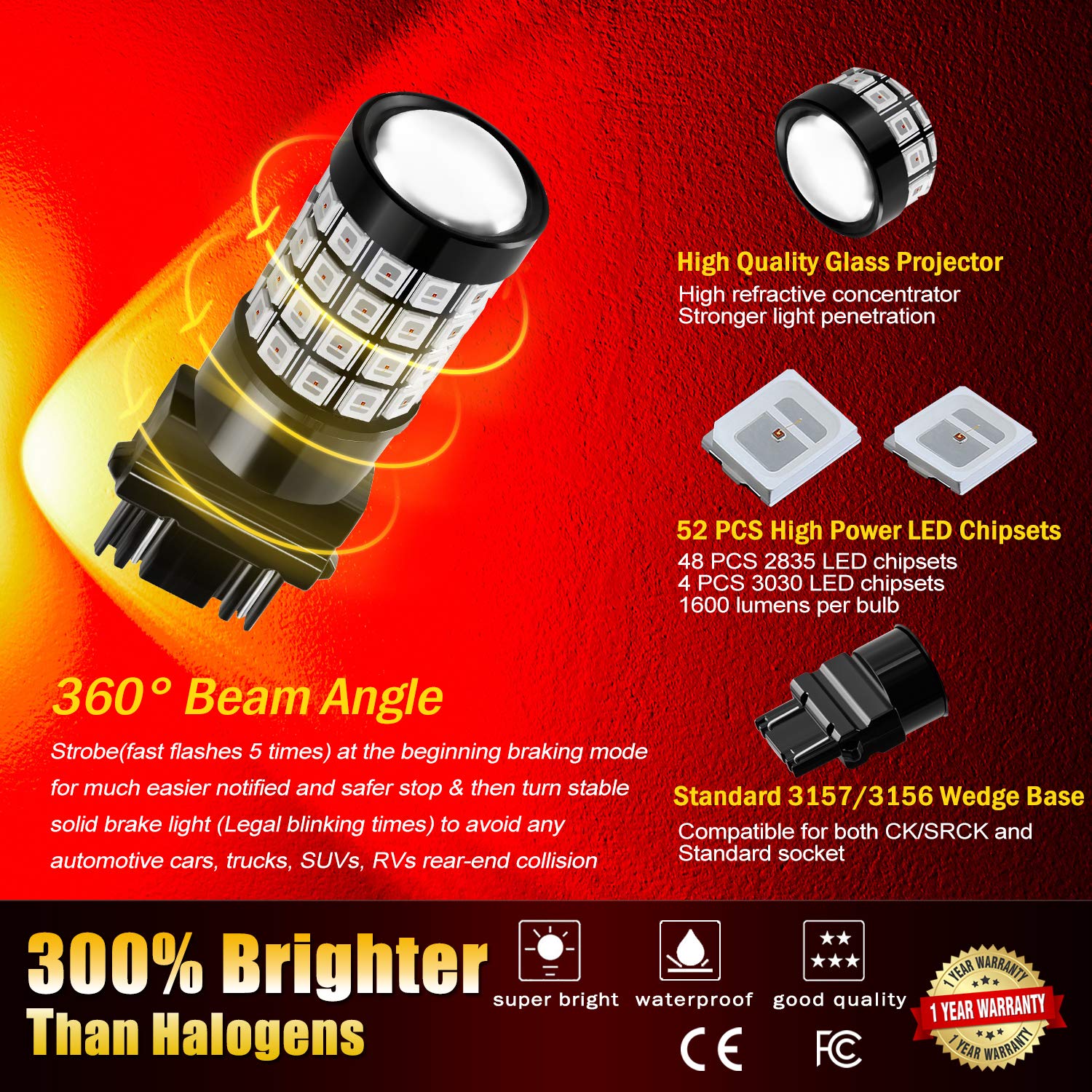 Brishine 3157 3156 3056 3057 3457 4157 4057 Led Flashing Strobe Blinking Brake Light Bulbs  Super Bright 52-Smd Chipsets Led Bulbs With Projector For Tail Stop Lights  Brilliant Red(Pack Of 2)