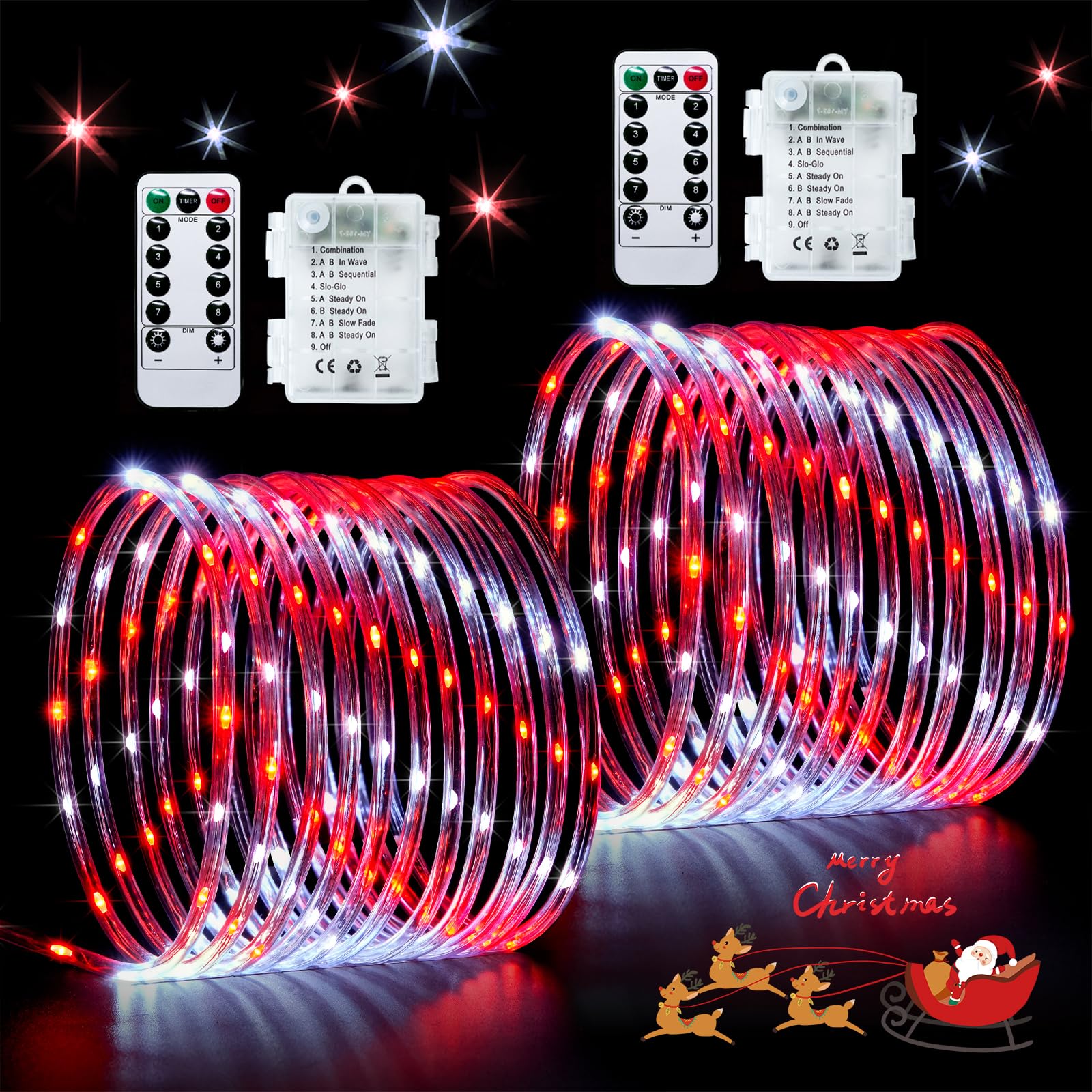 JMEXSUSS 2 Pack Rope Lights Battery Operated Christmas Lights Outdoor Waterproof, Total 200LED 66ft 8Mode Battery Powered String