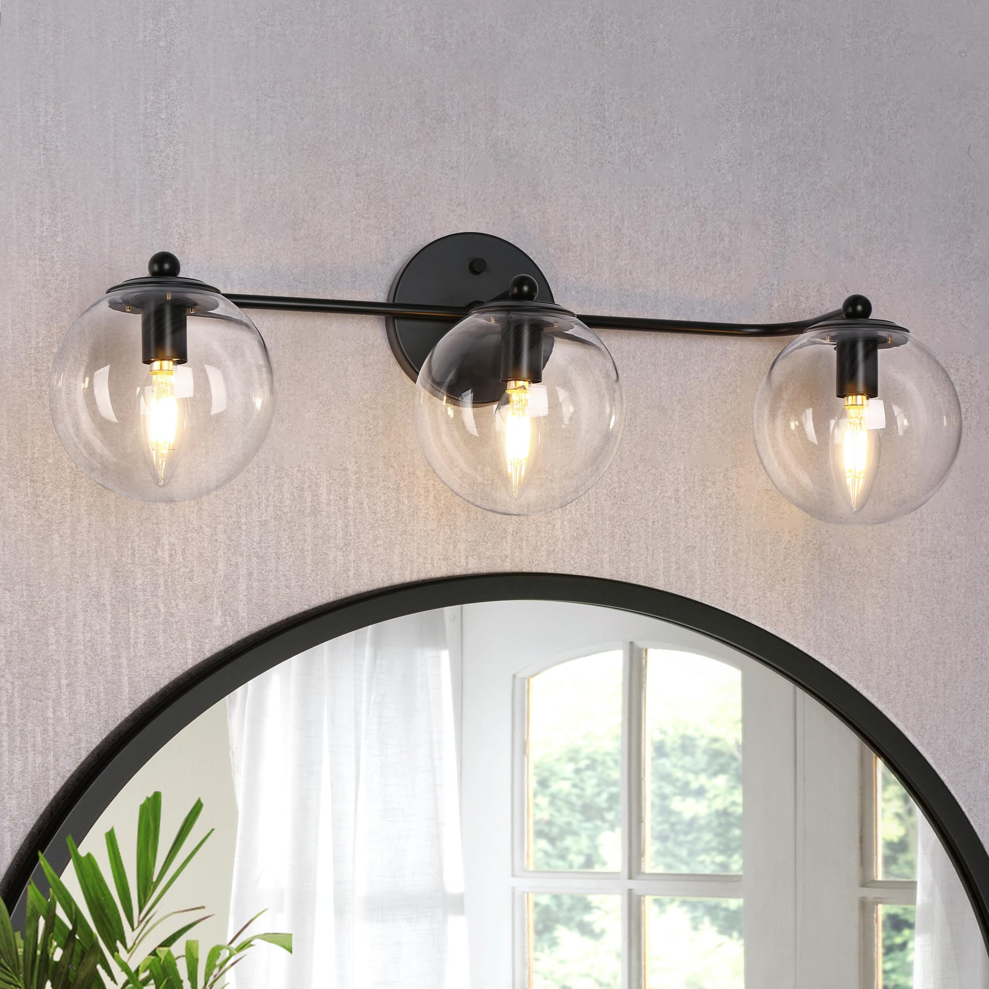 GEPOW 3-Light Bathroom Light Fixtures, Black Metal Vanity Lamp with Clear Globe Shade