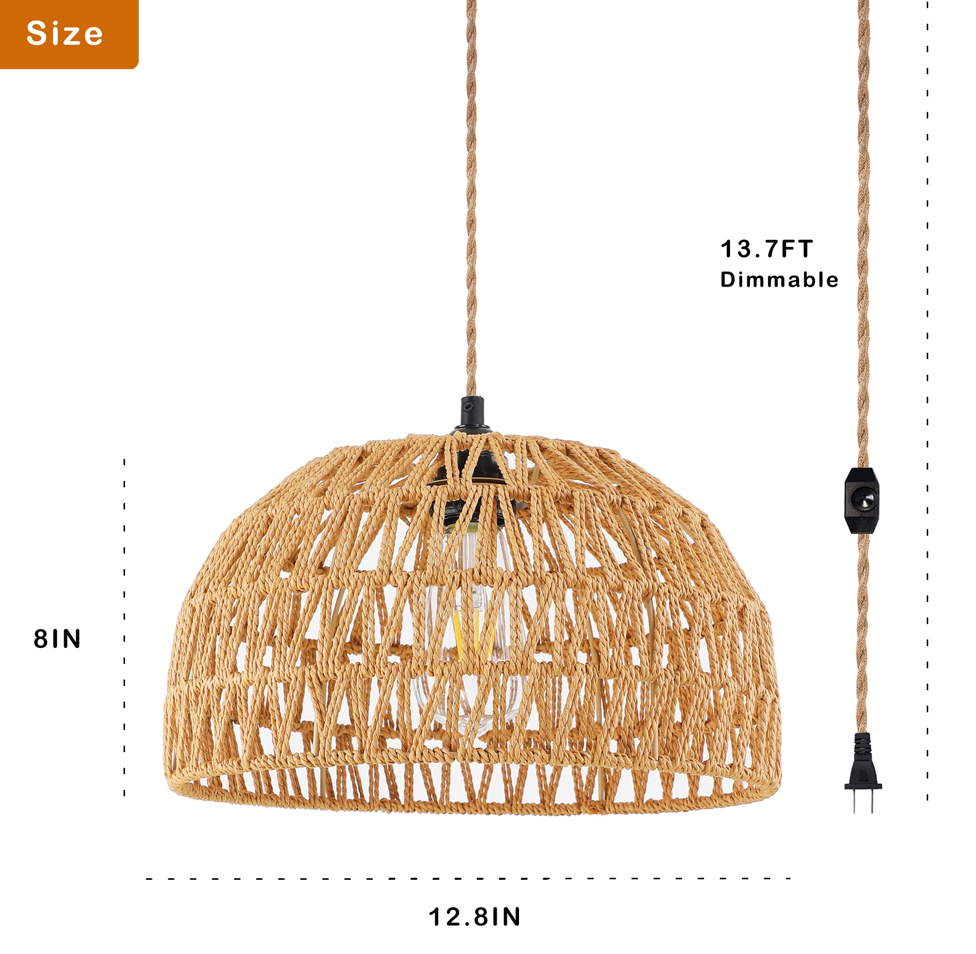 Plug In Pendant Light Rattan Hanging Lights With Plug In Cord Wicker Hanging Lamp With Woven Bamboo Basket Lamp Shade,Dimmable S