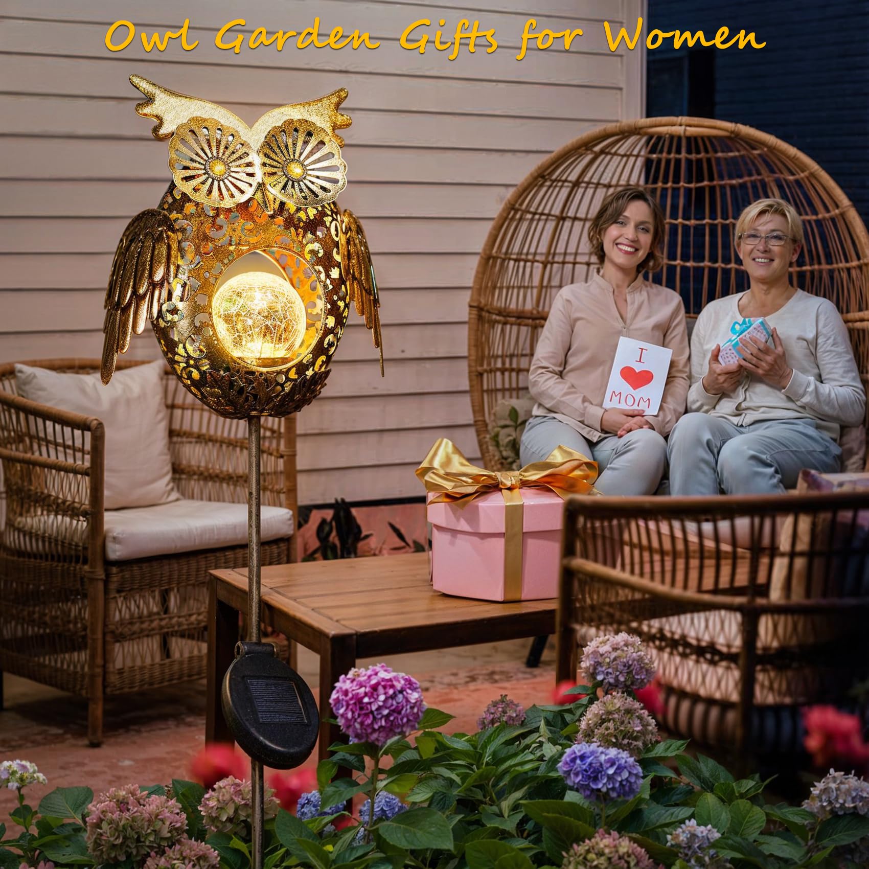 Go2Garden Solar Lights Outdoor Owl Decorative Metal Stakes Lights Crackle Glass Light For Lawn, Yard Art, Pathway, Patio Decorations,Birthday Mothers' Day Gift For Mom Dad Grandma (Bronze)