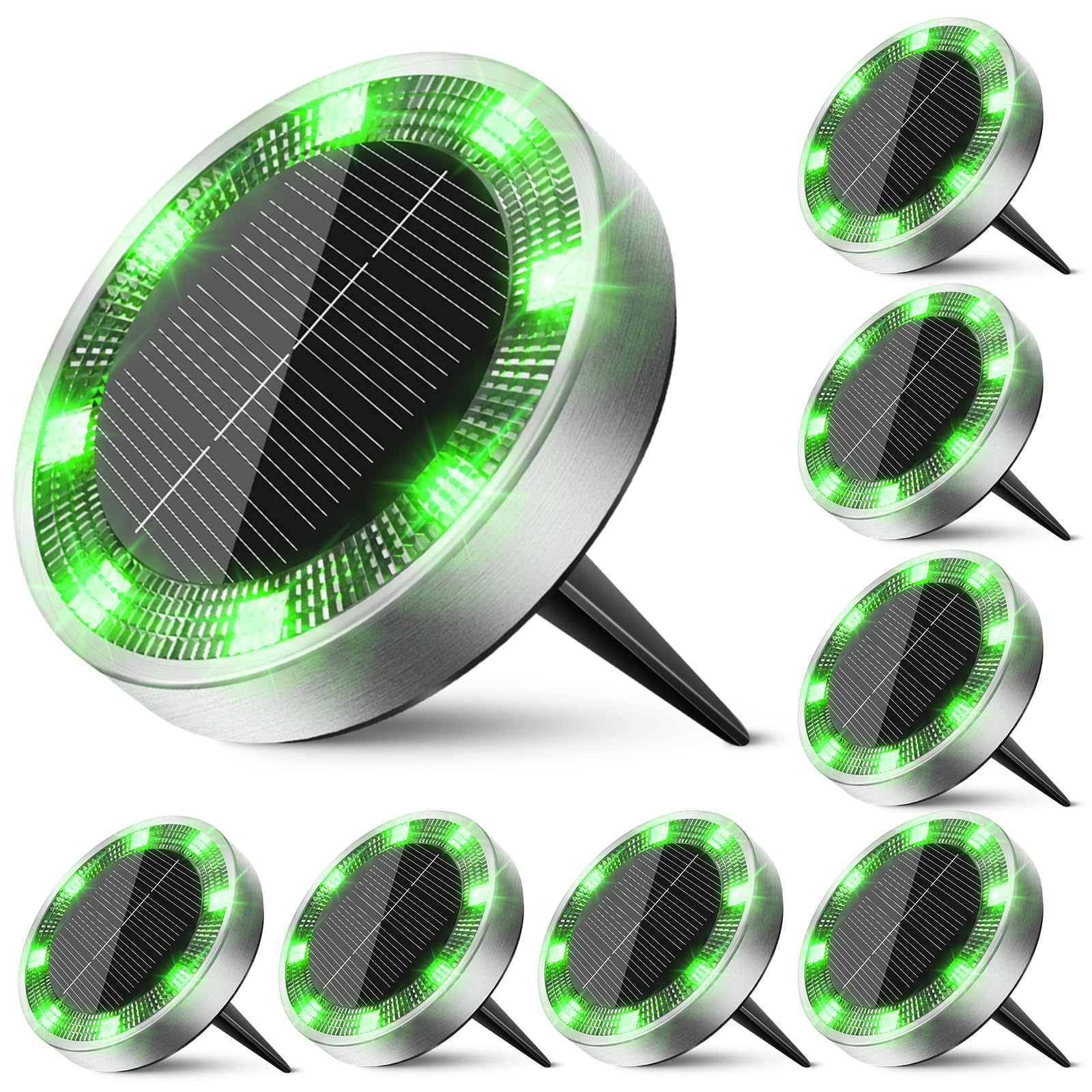 Peasur Mini Solar Ground Lights, 8 Pack, IP68 Waterproof, Stainless Steel, Green, Outdoor Landscape Lighting for Pathway & Garden