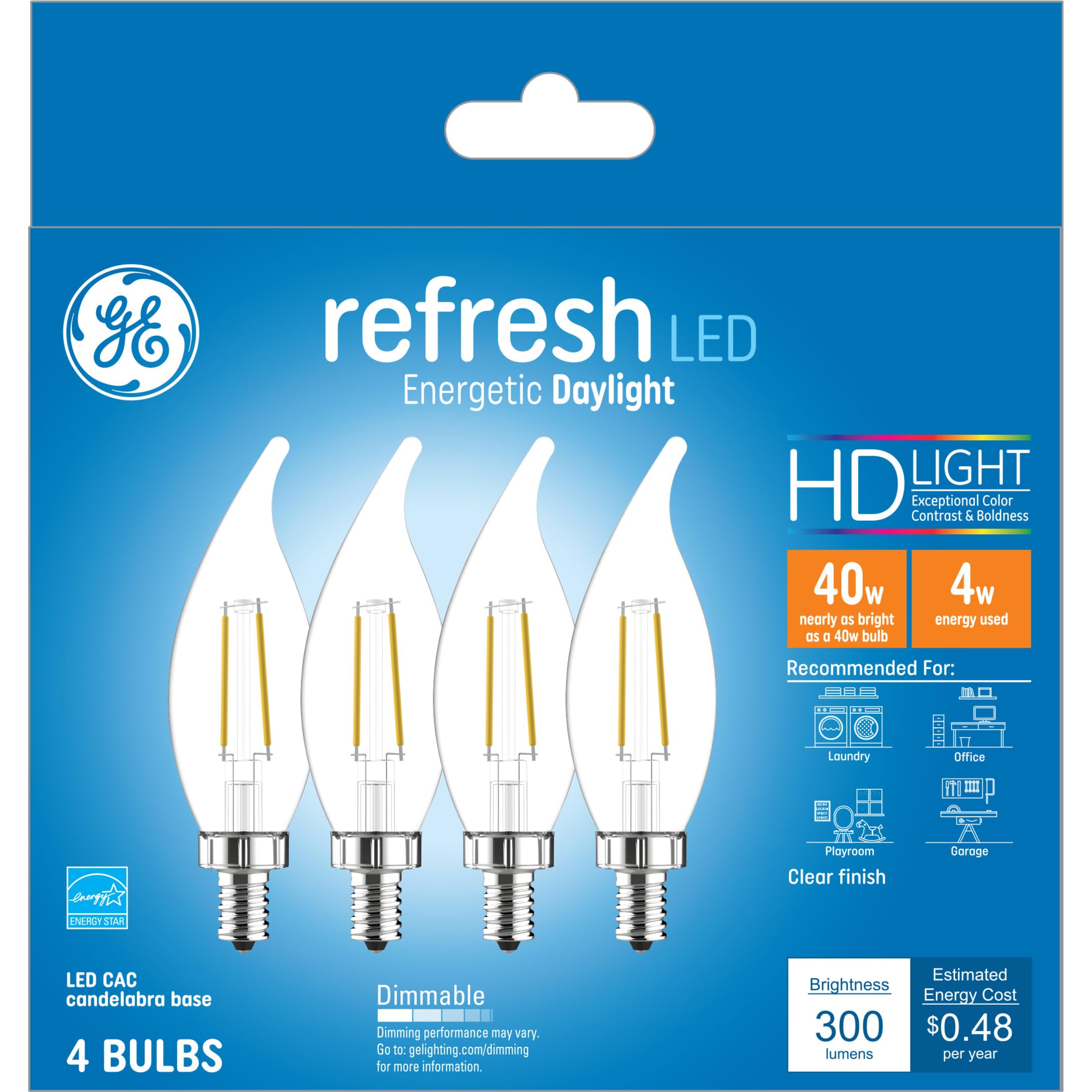 GE Refresh LED Light Bulbs, 40W, Clear Glass, Daylight Color, 4 Pack, Model 45653