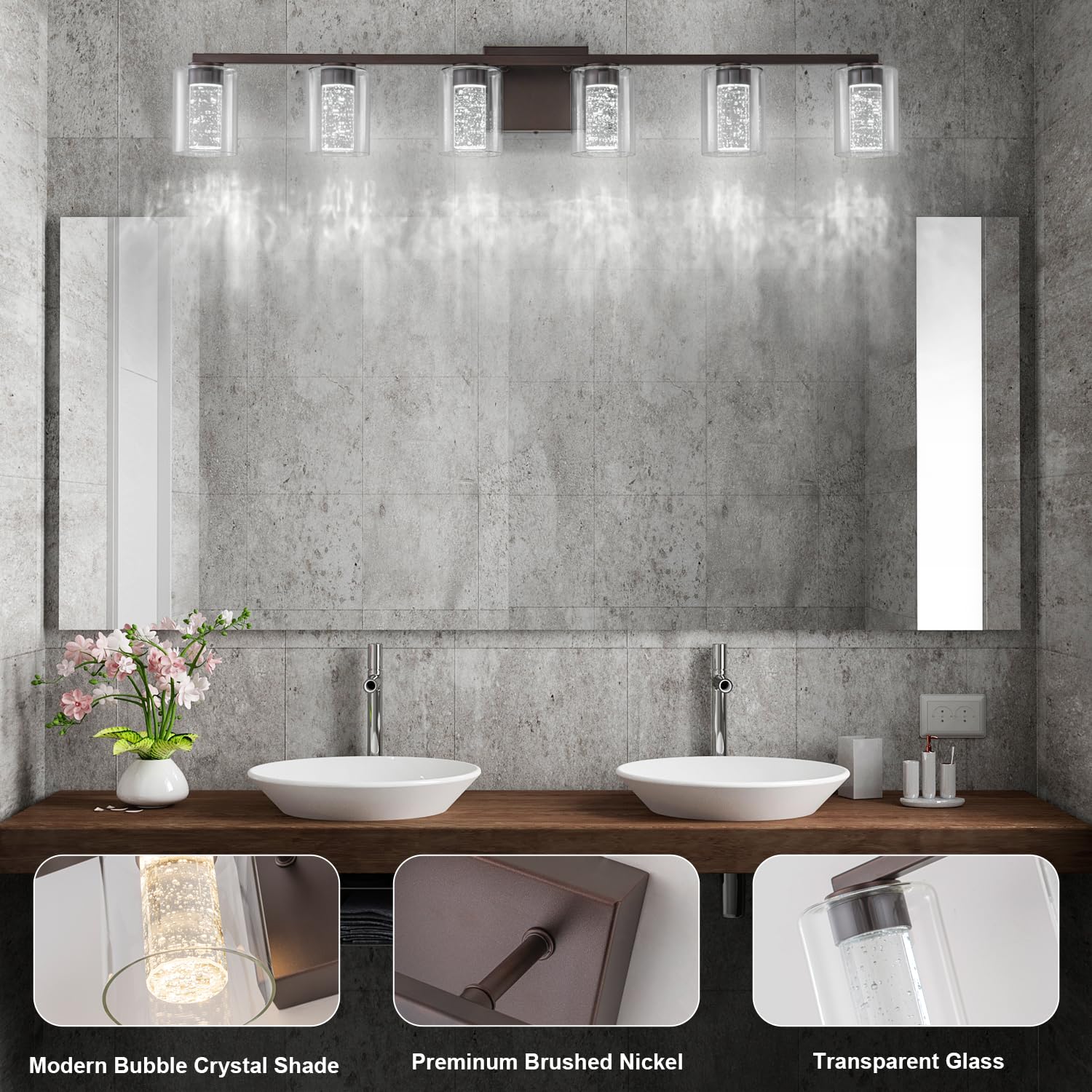 Sinerise 6-Light Bronze Vanity Light With 3 Color Modes (3000K/4000K/6000K), Eye Protection Led Bathroom Light Fixture, Dimmable