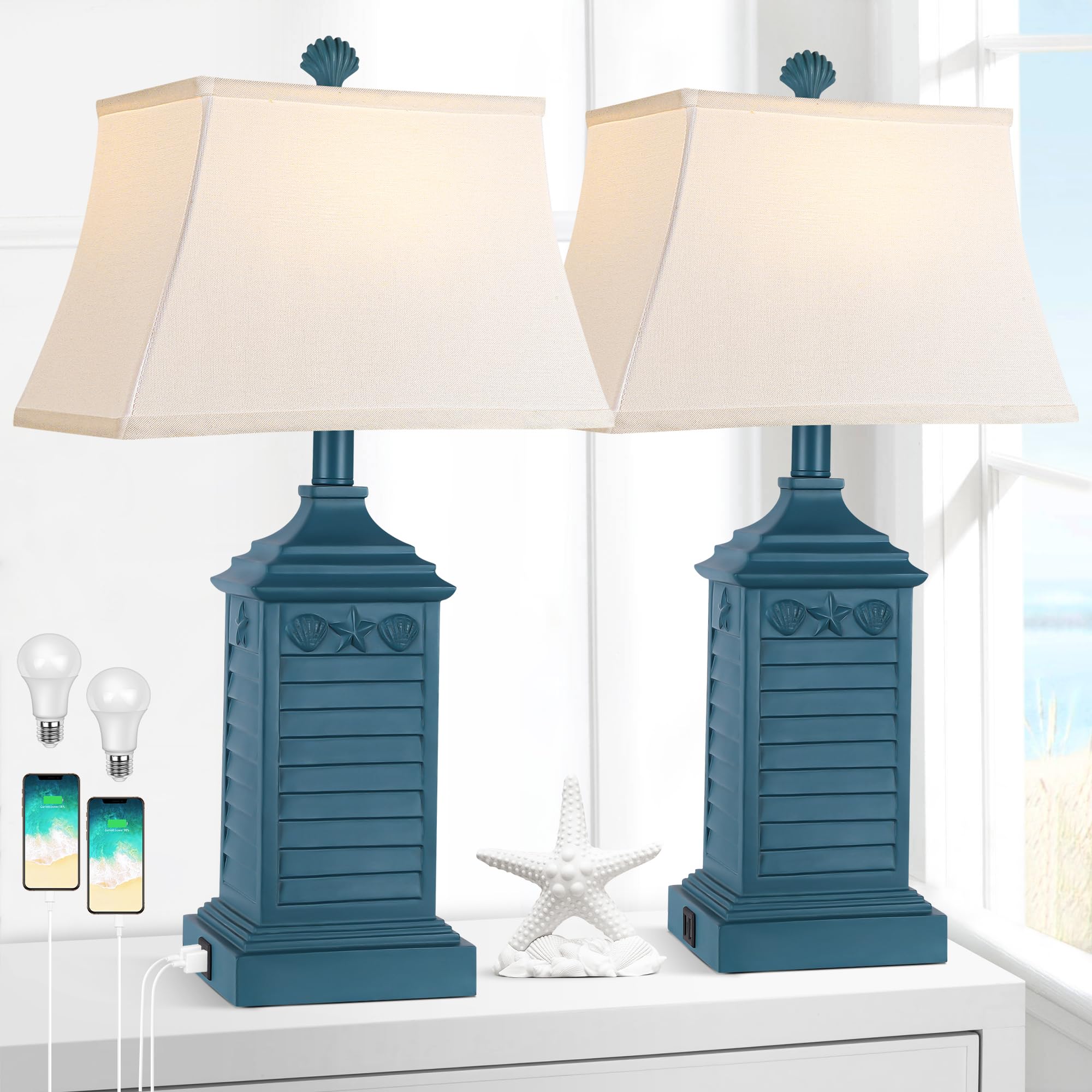 Hamucd Set of 2 Table Lamps, Navy Blue, Resin, 3-Color Temperature, 2 USB Ports, 1 AC Outlet, Model HMLP278AD2