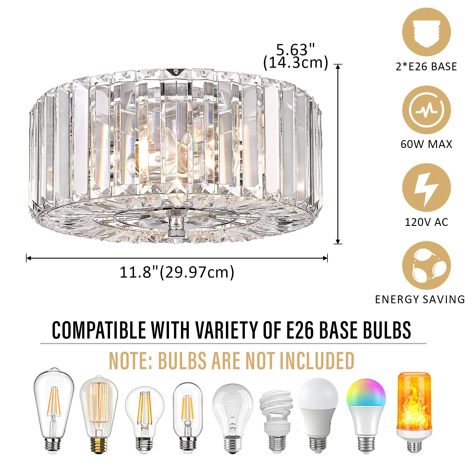 Pasentel Crystal Round Flush Mount Modern Close To Ceiling Light Fixture, Chrome Ceiling Lights 2-Light Hallway Light Fixtures C