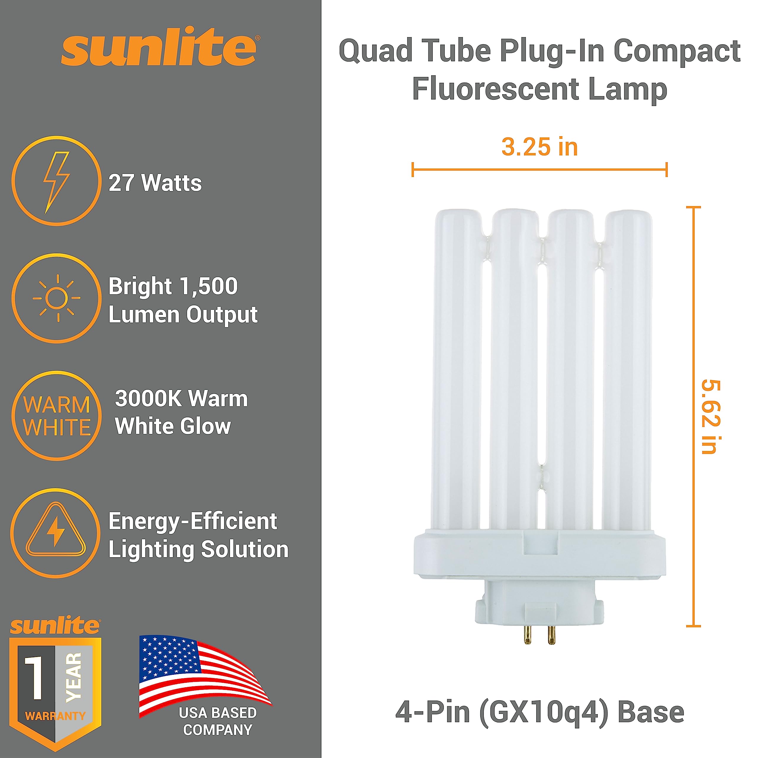 Sunlite 40530 Fml27/30K/2Pk Quad Tube Plug-In Compact Fluorescent Lamp, Fml 4-Pin, 27 Watts, 1500 Lumens, 3000K Warm White, 4-Pi