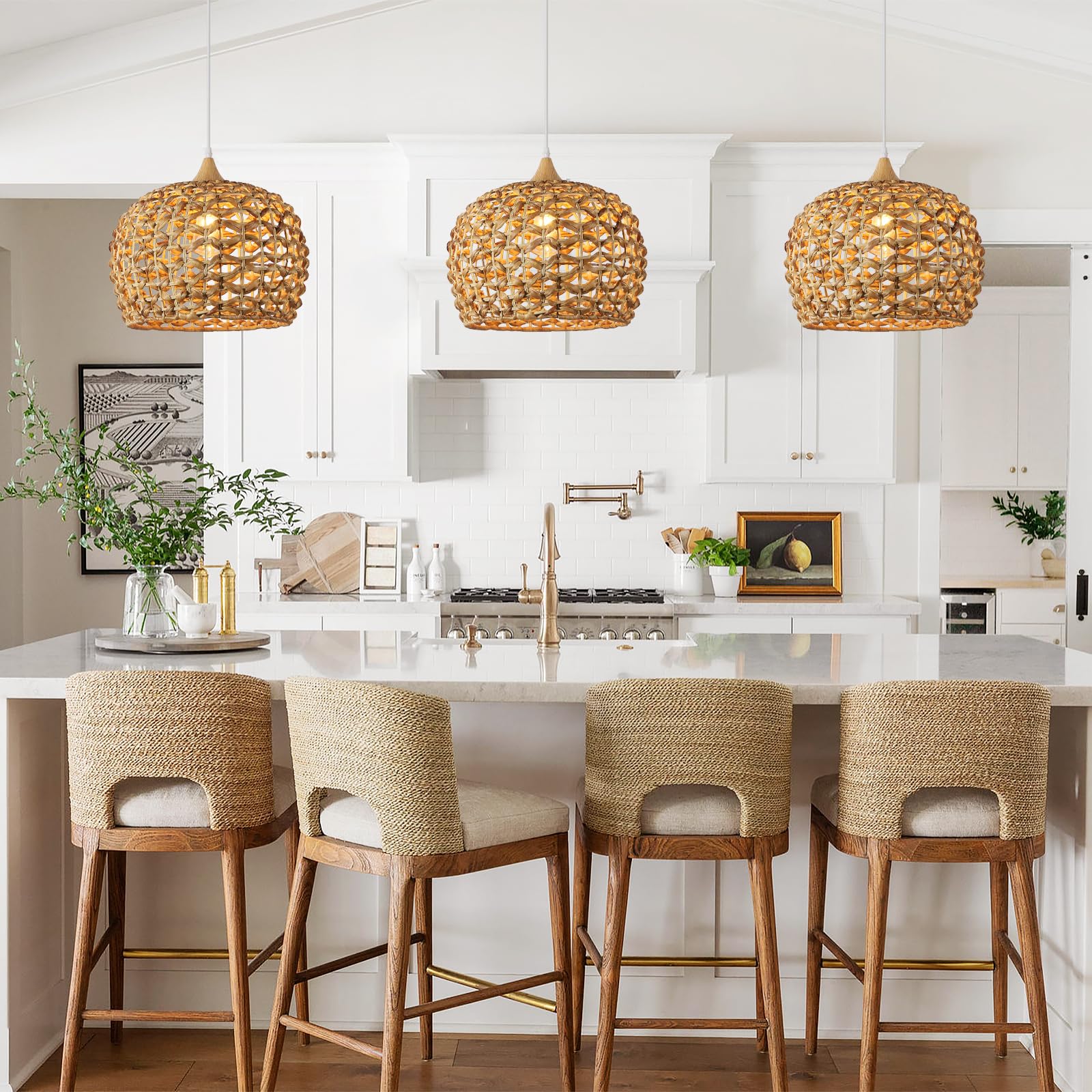 Karjearl Boho Pendant Lights, 15.7'' 1-Light Rattan Chandelier Hand-Woven Wicker Pendant Light With Water Hyacinth Shade, Coasta