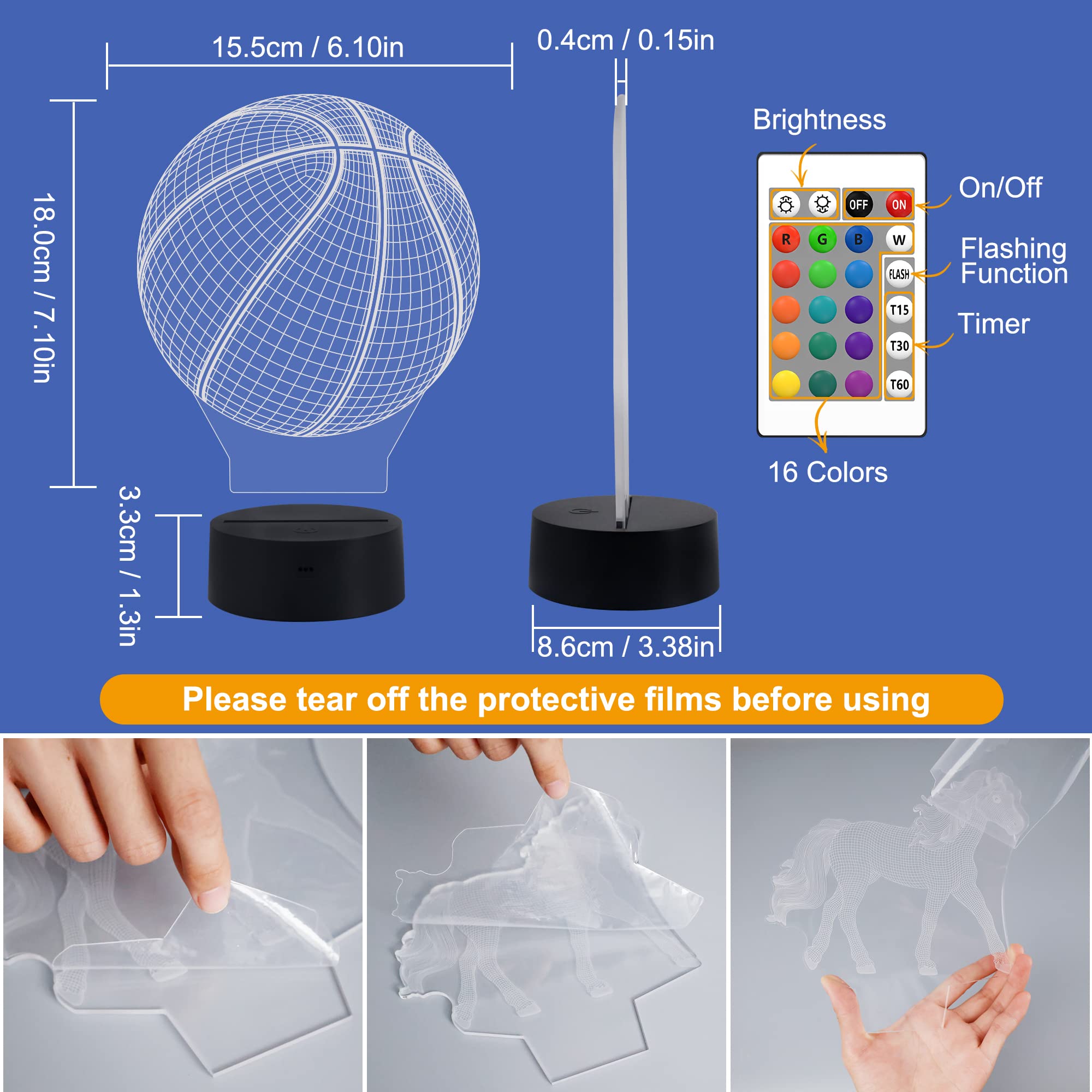 Fullosun 3D Basketball Night Light With Remote, 16 Colors - Perfect Gift For Sports Fans