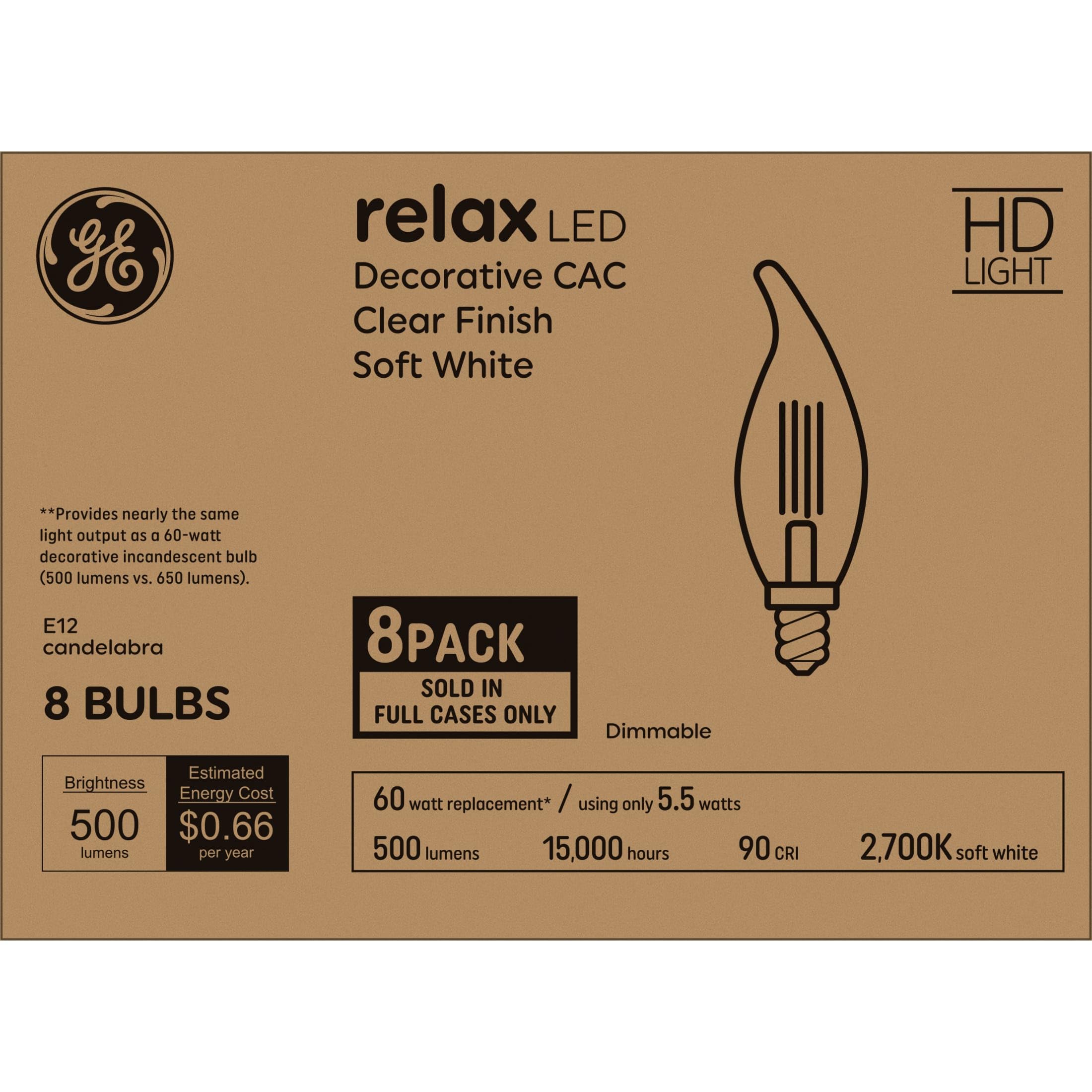 Ge Relax Led Light Bulbs 60W, Soft White Candle Lights, Clear Decorative Light Bulbs, Small Base (8 Pack)