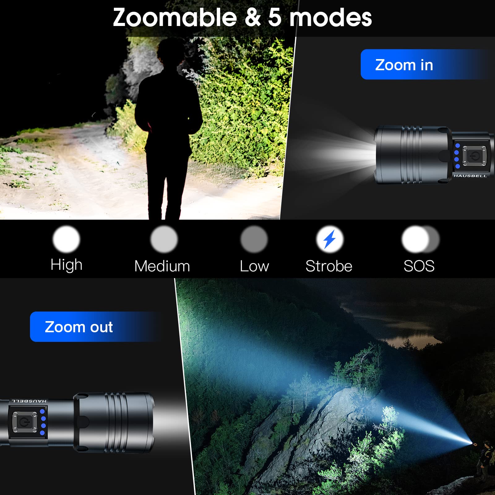 HAUSBELL A100 LED Flashlight, 20000 High Lumens, Zoomable, Waterproof, Tactical, Black, A100 Model