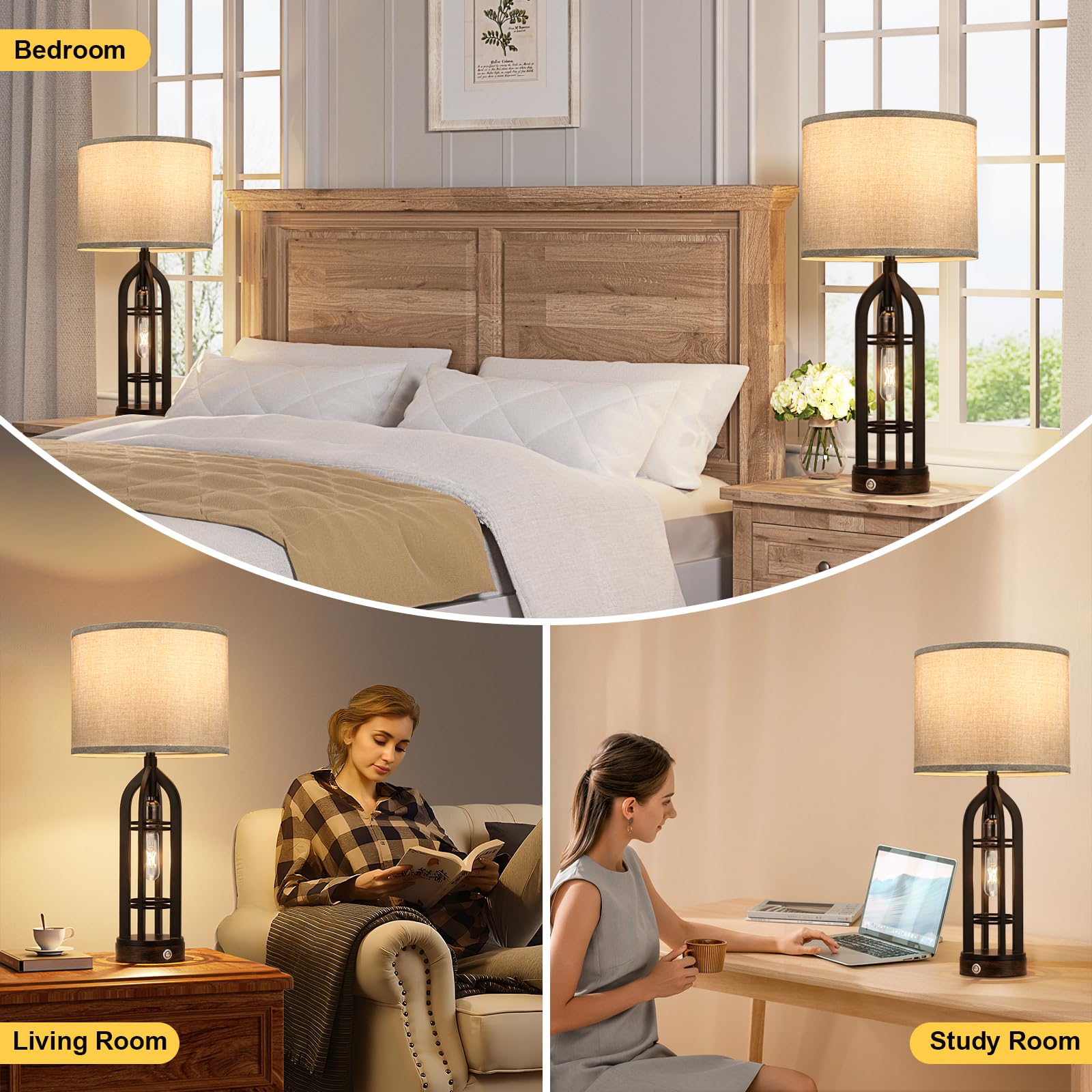 Seealle Table Lamp Set of 2 - 3-Way Dimmable Touch Lamps with USB C+A, C. Grey Shade & Black Body, Model 09163 for Living Room & Bedroom