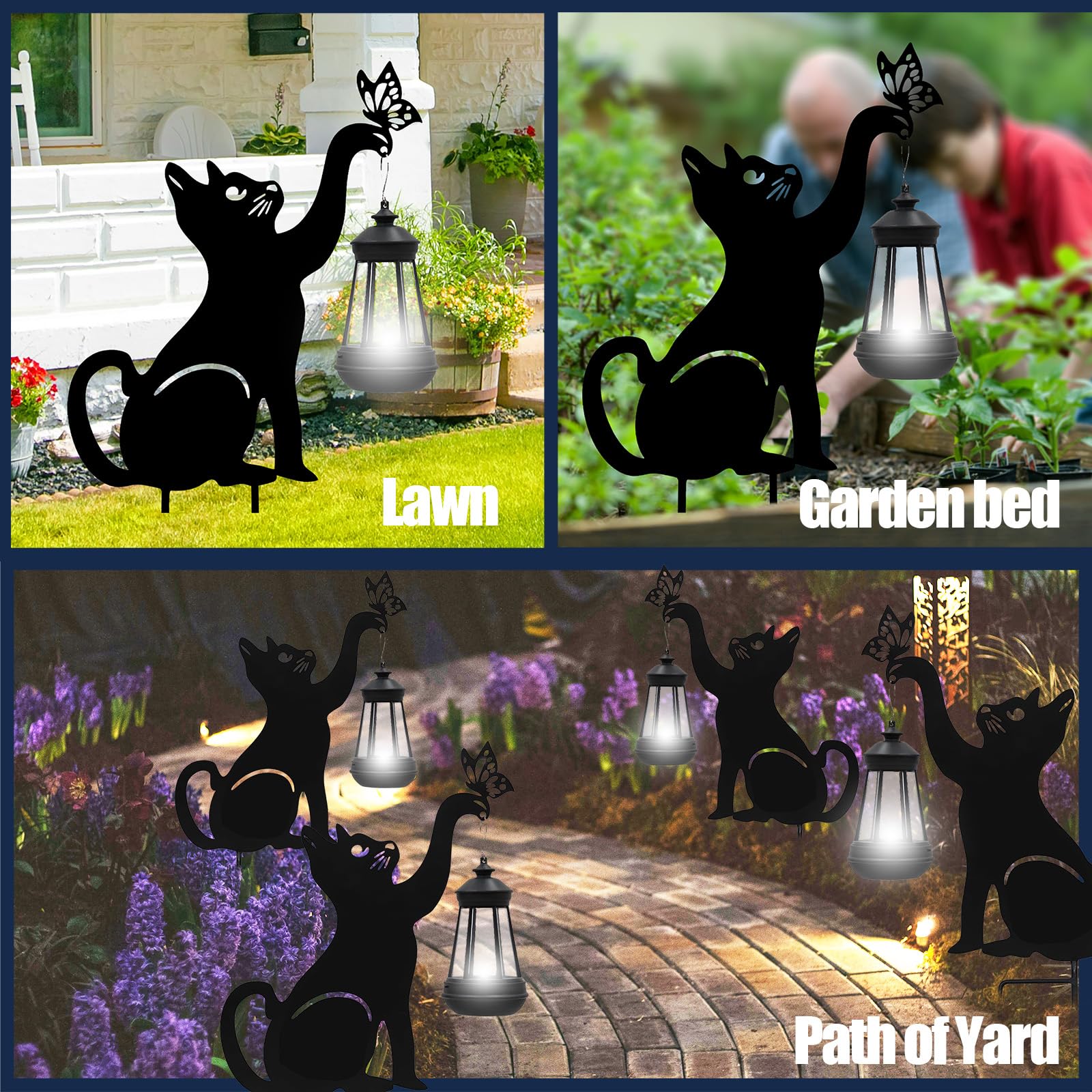 twinbling Solar Lights Outdoor Garden Decor - Black Cat Figurine with Butterfly, Metal Light Stake for Yard, Patio, Housewarming Gift