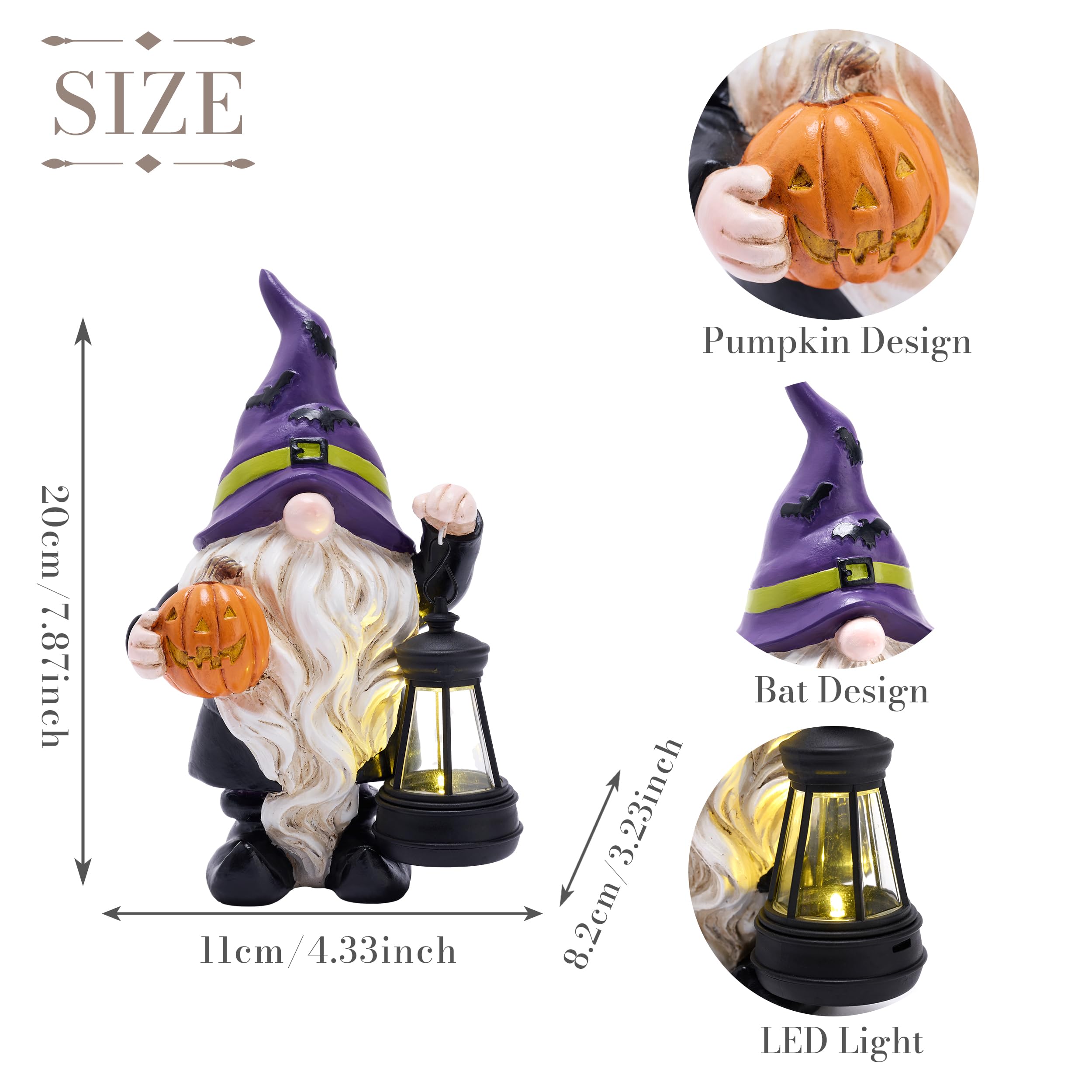 TeresaS Collections Halloween Decorations Garden Gnomes Statues With Solar Lights Cute Purple Bat Hat Resin Decor With Lantern For Home Table Outdoor Yard Pumpkin Jack-O-Lanterns Gifts For Party 8