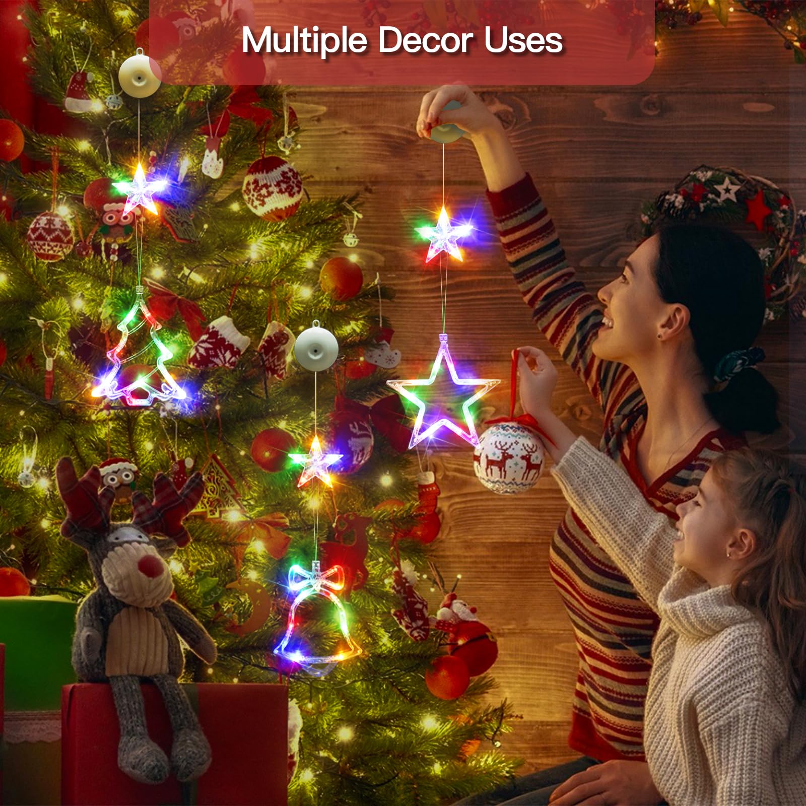 Suddus Christmas Window Lights Decorations, 3Pcs Tree-Jingle Bell-Star Shaped Xmas Lights Battery Powered With Suction Cups & Timer, Hanging String Lights Indoor For Tree, Fireplace, Multicolor