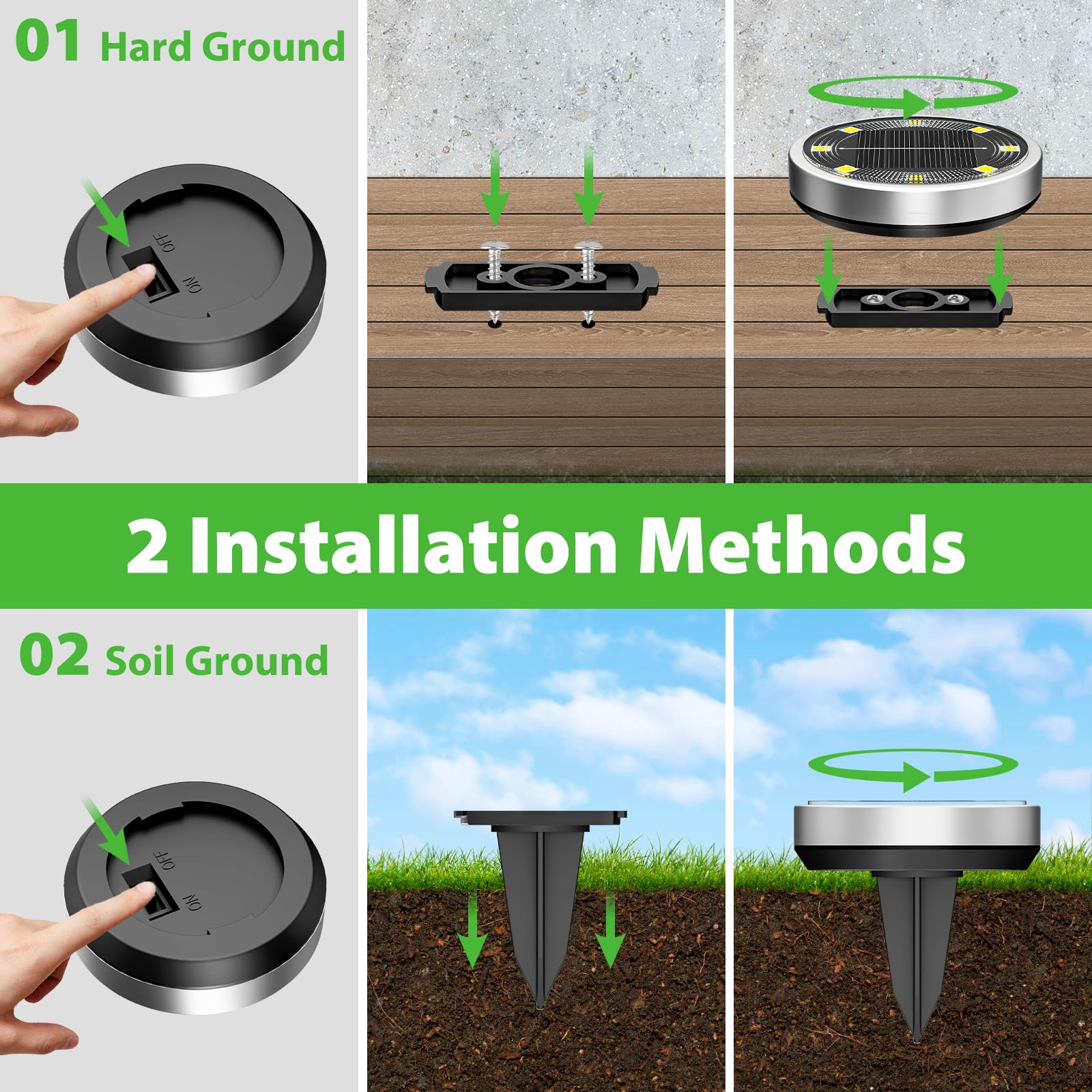 nipify Solar Ground Lights Outdoor, 12 Pack, Waterproof, 8 LED, Stainless Steel & Plastic, Cool White for Yard Garden Walkway