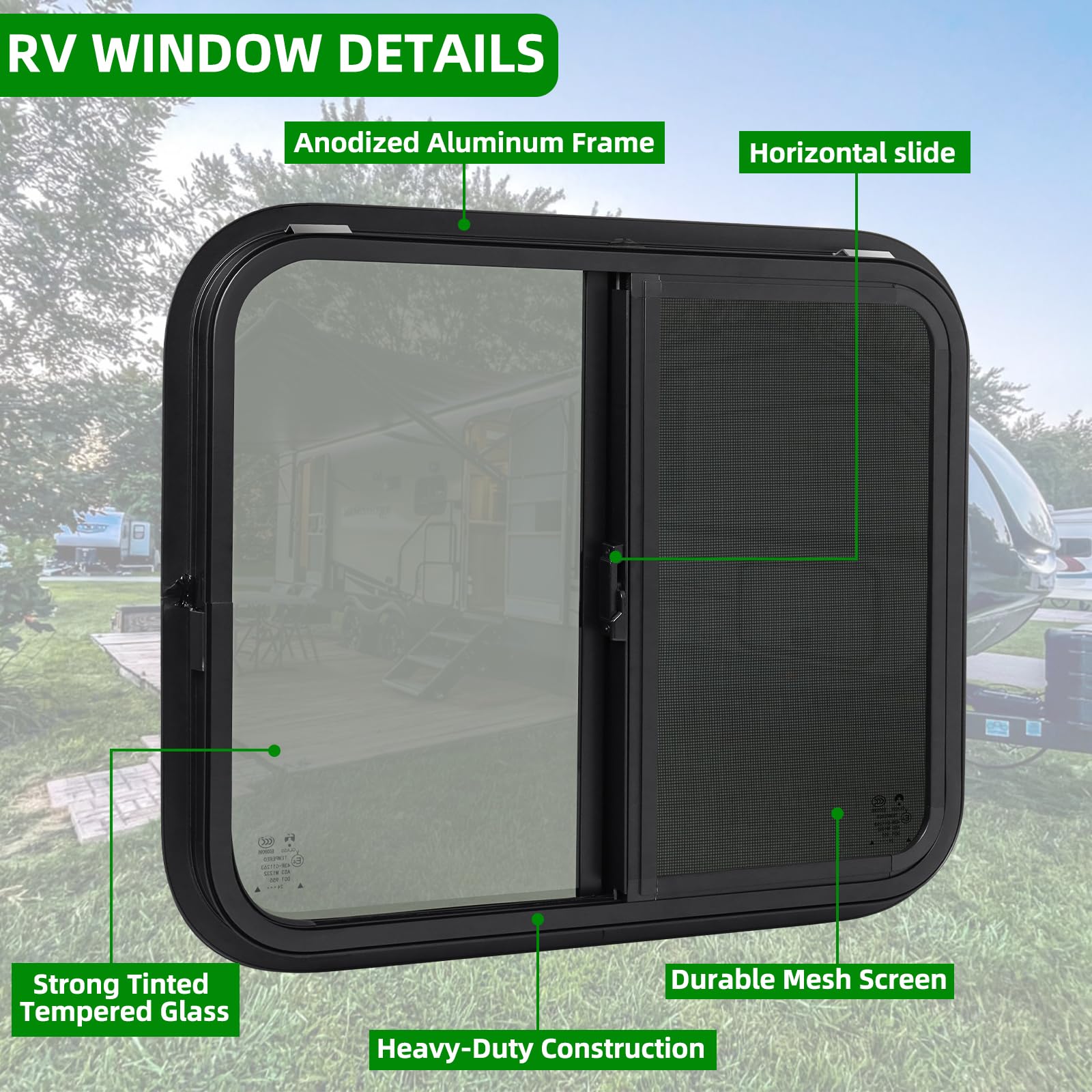 NOVINO Cargo Trailer Windows, 24inW x 20inH, Tempered Glass, Horizontal Sliding, Black, Model NRW-007, DOT Approved
