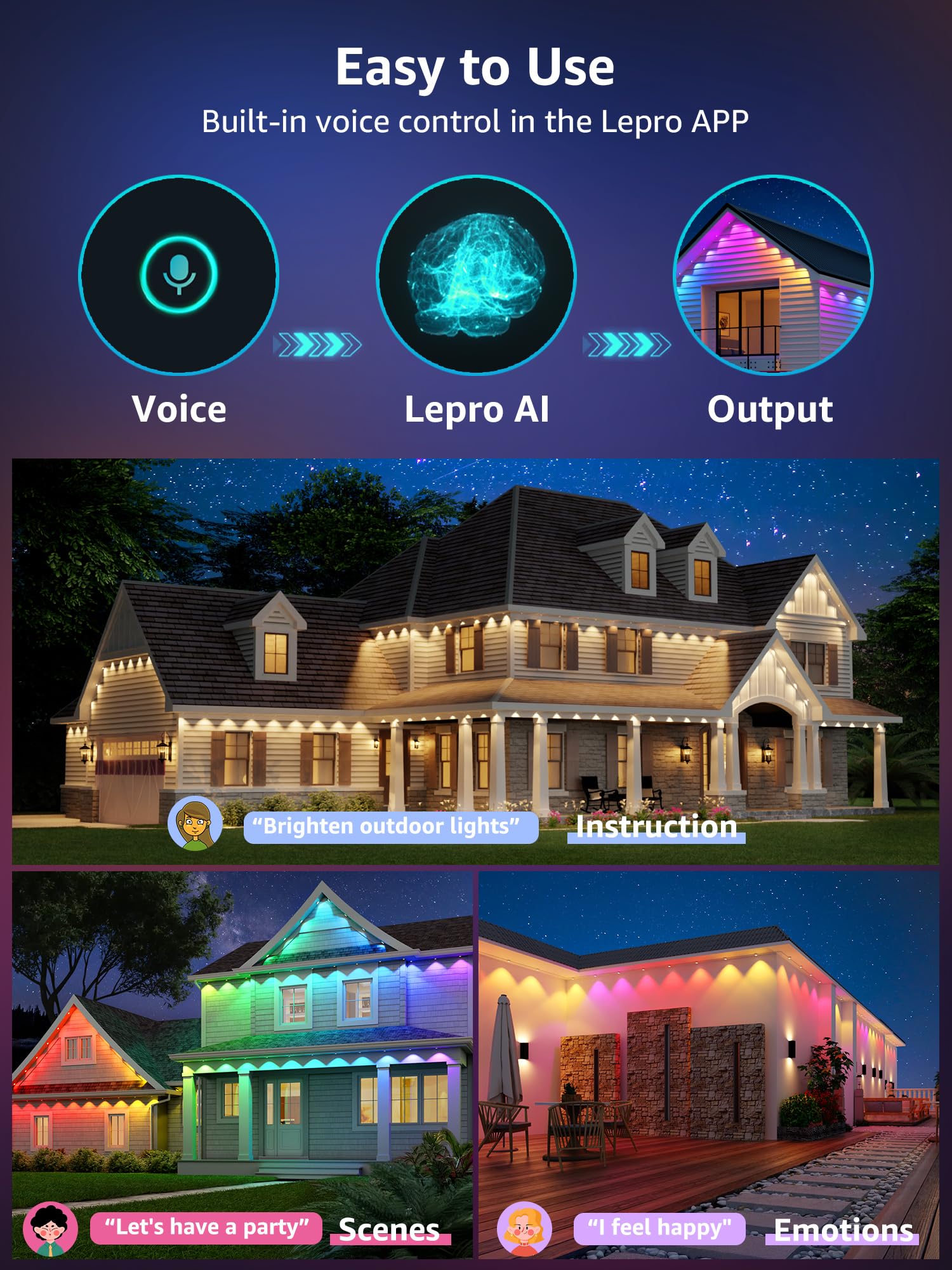 Lepro E1 AI Outdoor Lights, 50ft Smart RGB+IC, 30 Warm/Cool White LEDs, Alexa/Google Compatible, 2.4 GHz WiFi
