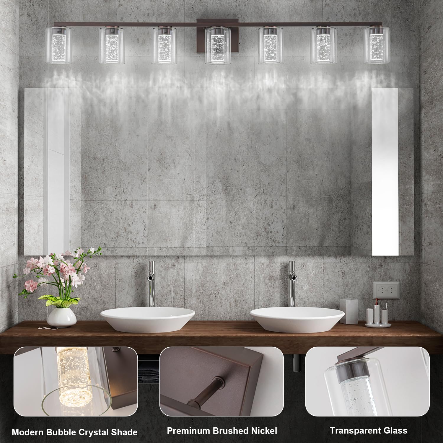 SineRise 7-Light Bronze Vanity Light, Dimmable LED Fixture with 3 Color Modes, Eye Protection Glass Shade
