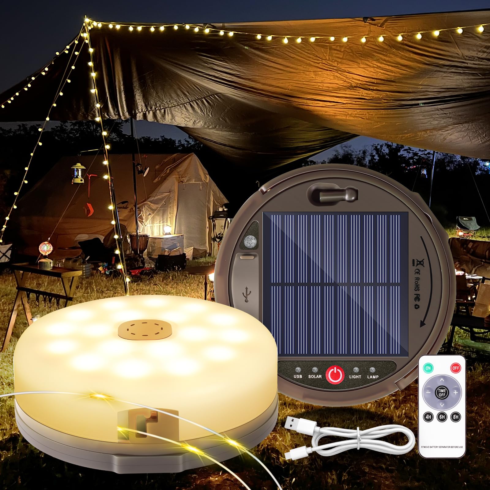 Camping String Light 4 In 1 Retractable 42Ft Solar /Usb Rechargeable 3600Mah Waterproof Hanging Outdoor Camping Lantern With 8 L