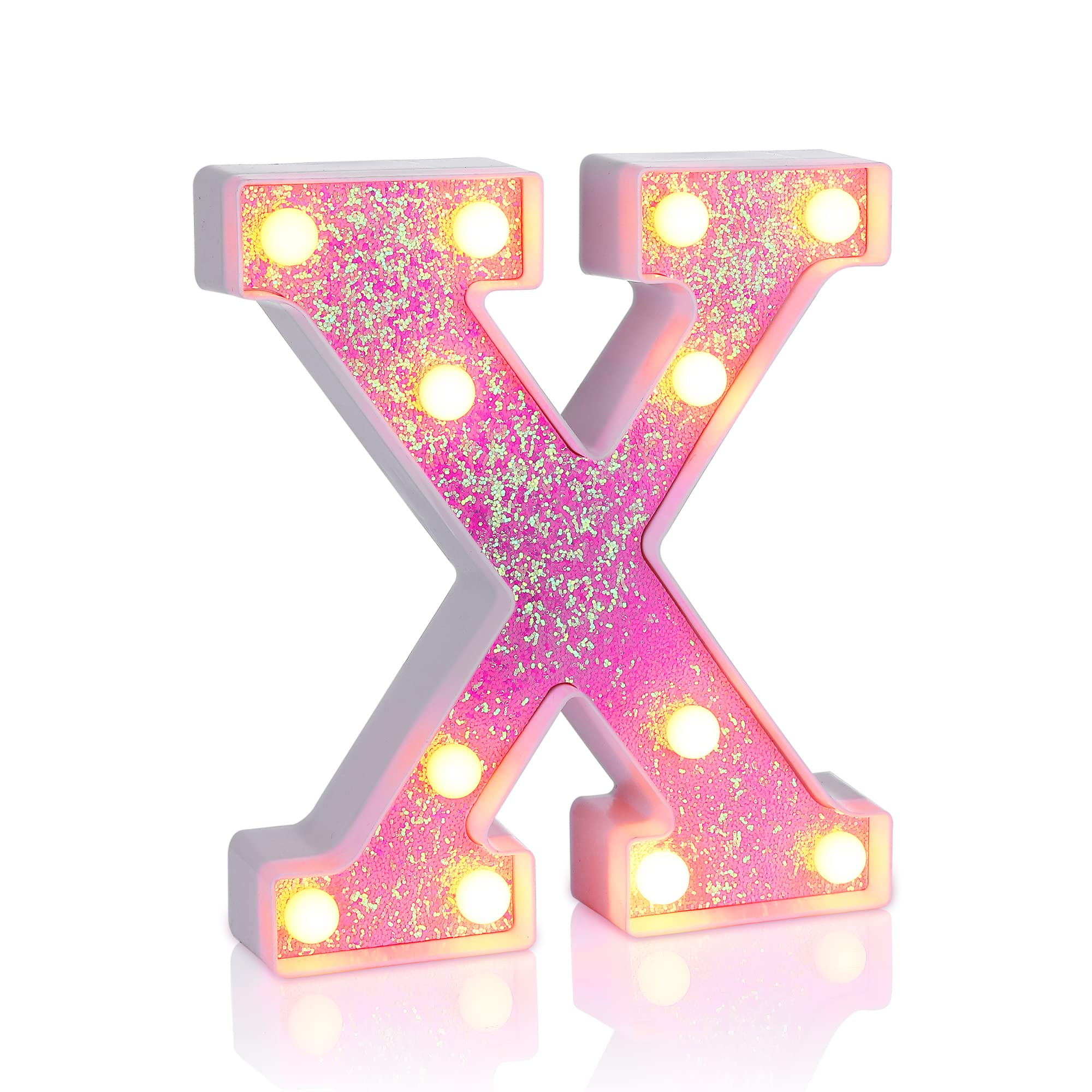 Foaky LED Letter Lights Sign Light Up Pink Letters Glitter Alphabet Letter Sign for Night Light Wedding/Birthday Party Battery Powered Christmas Lamp Girls Gifts Home Bar Decoration(X)