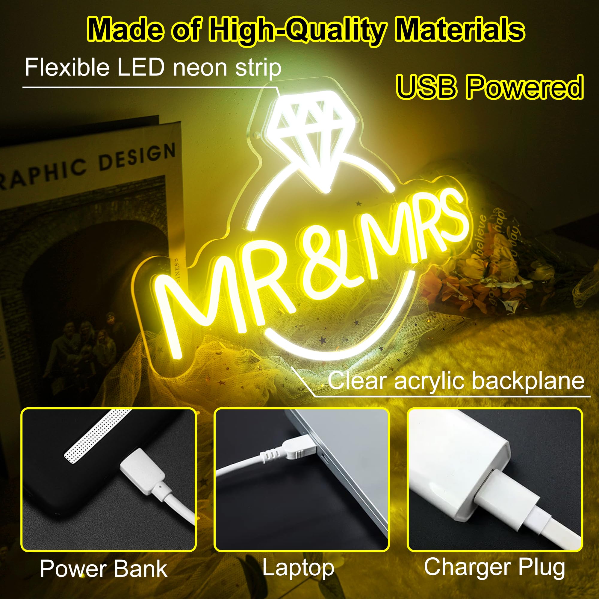 Begooat Mr&Mrs Neon Sign - 10 Levels Dimmable USB Lights for Wall Decoration - Model S - Color: Mr&Mrs