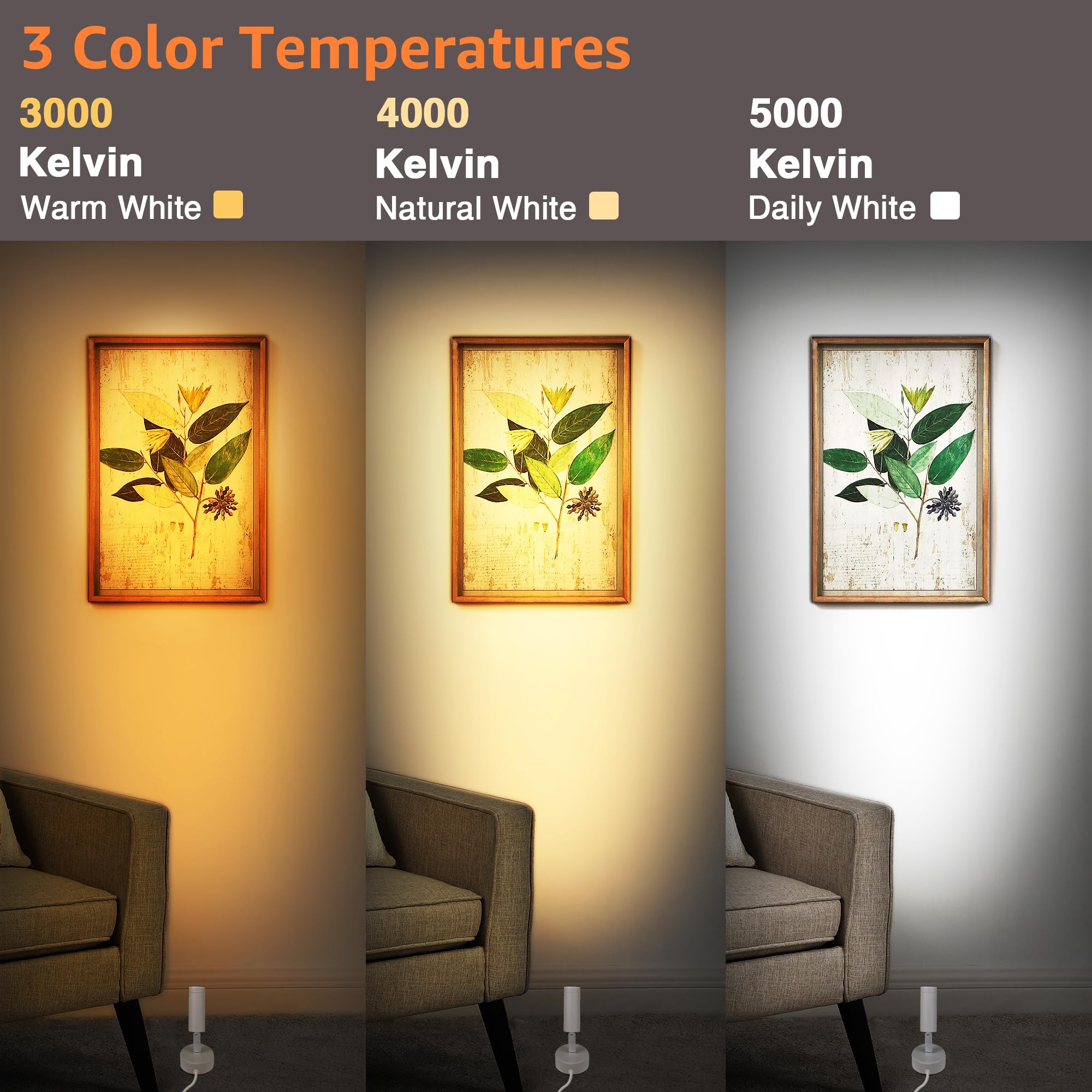 Urtom Dimmable Led Spot Lights Indoor, Remote Controlled With Timer, 3W Plug-In Up Lights, 3000K/4000K/5000K Uplighting Indoor Spotlight For Accent Lighting Plants Or Artwork, 2 Pack