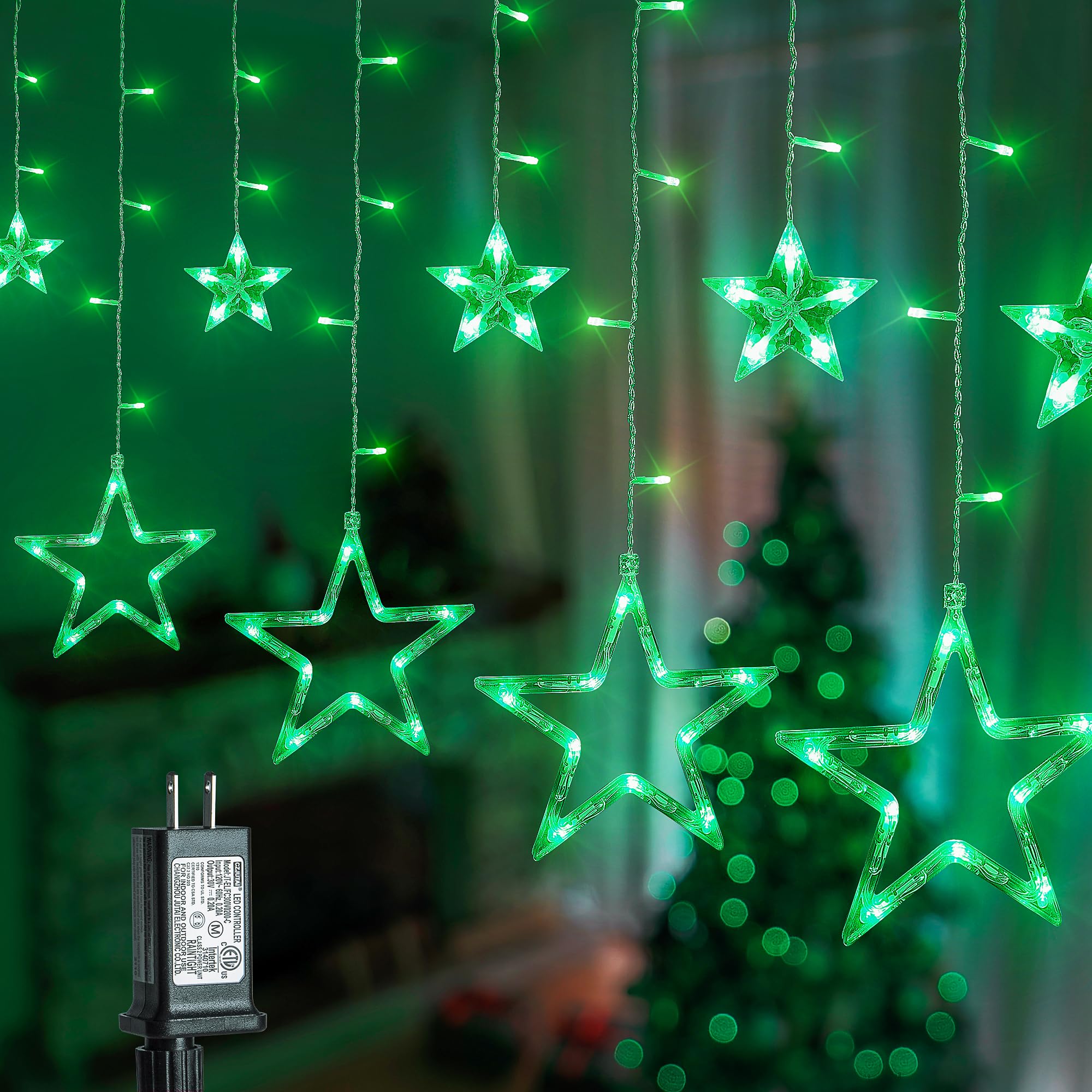 MYGOTO St Patricks Day Lights  126 LED 8.2 FT Green Star Icicle Lights with 8 Modes Waterproof  Plug in Clear Wire Timer Curtain Lights for St Patrick Decorations Indoor Window Outdoor Party Decor