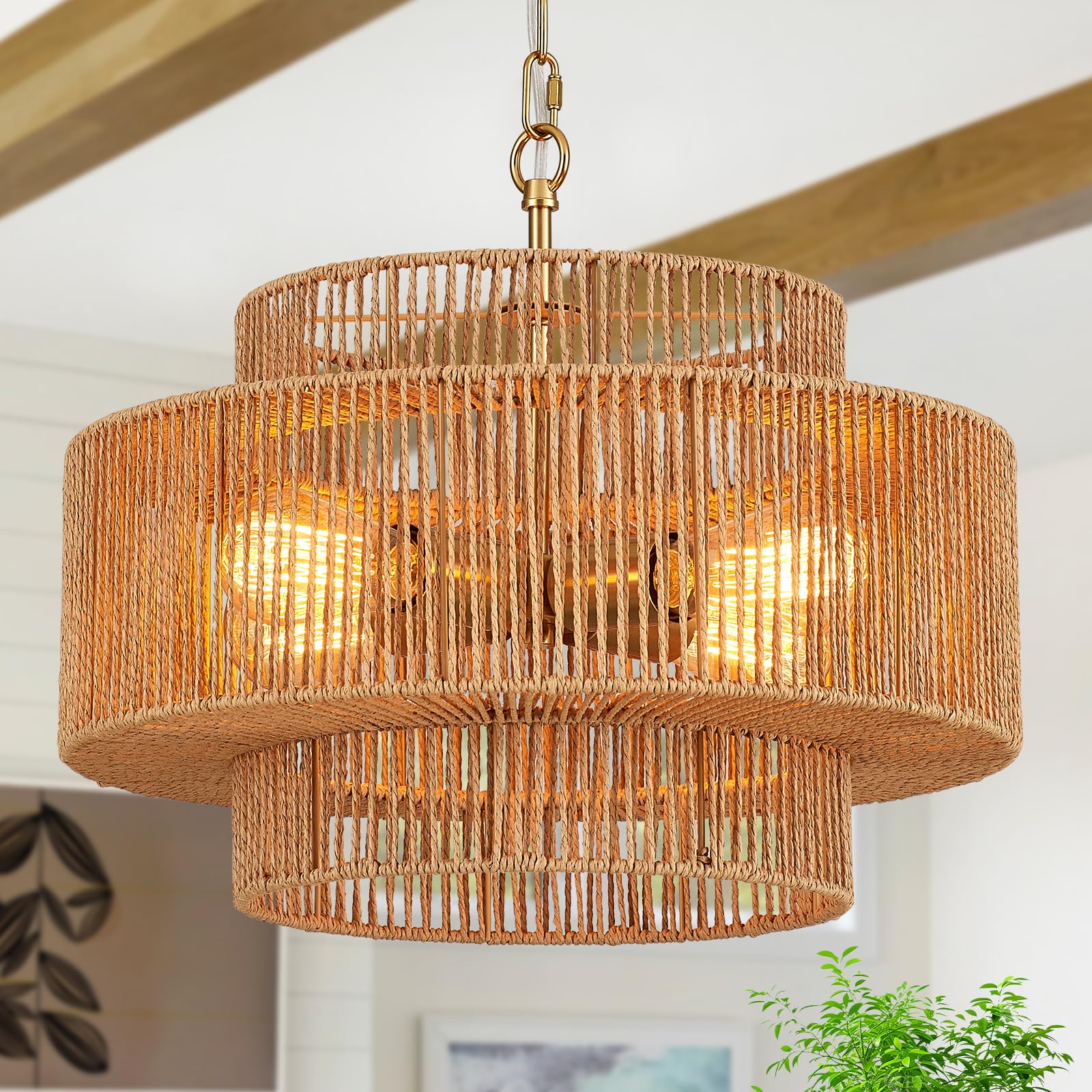 Widluth Hand-Woven Rattan Chandelier Vintage 4-Light 17.7" Farmhouse Boho Bamboo Chandelier Light Fixture Retro 3-Tier Drum Wicker Rattan Golden Chandelier For Dining Room, Kitchen, Living Room