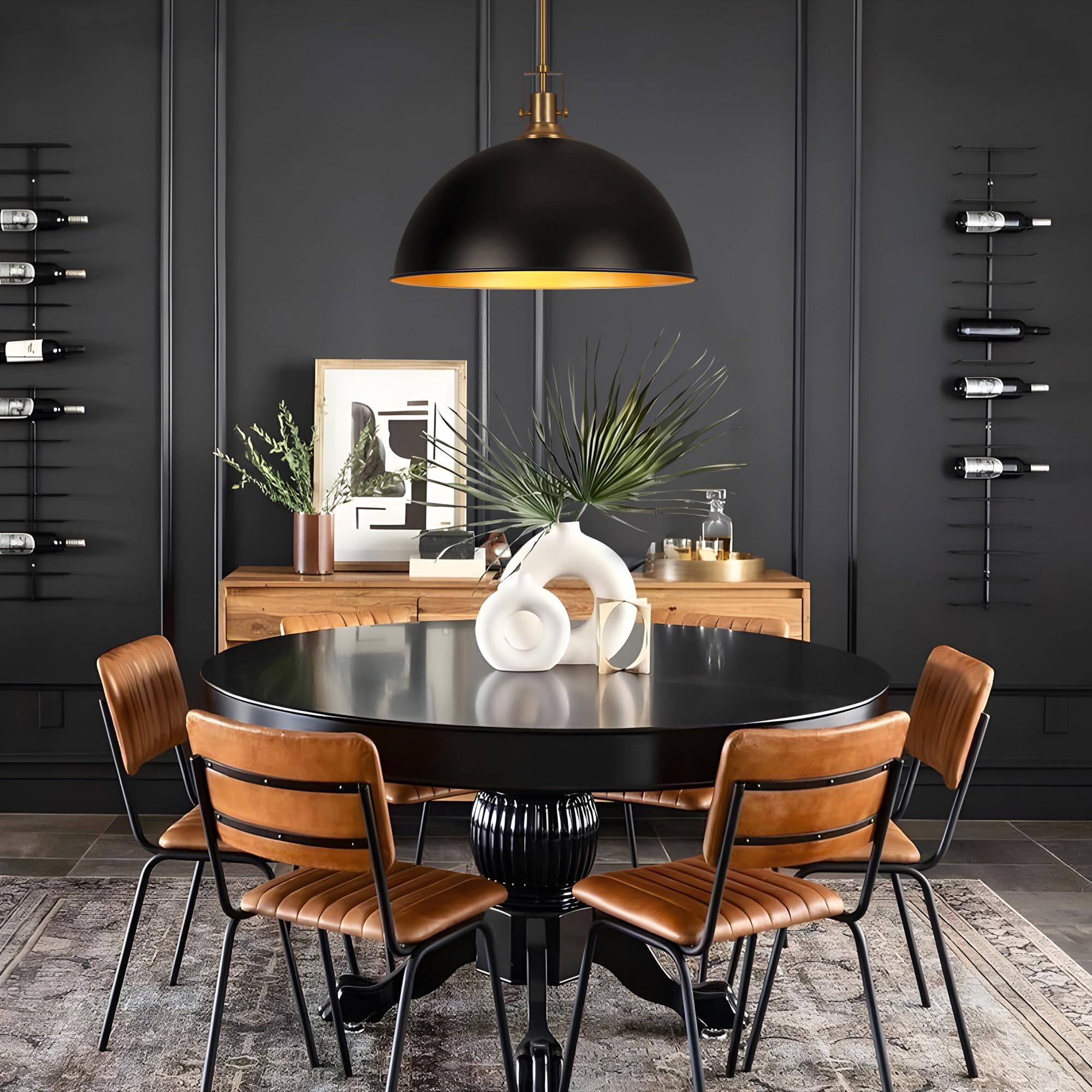 LamQee 18" Black and Gold Pendant Light Fixture, Metal Dome Chandelier for Kitchen Island, Dining Room, Bar, Hallway, Model 06FTL0319