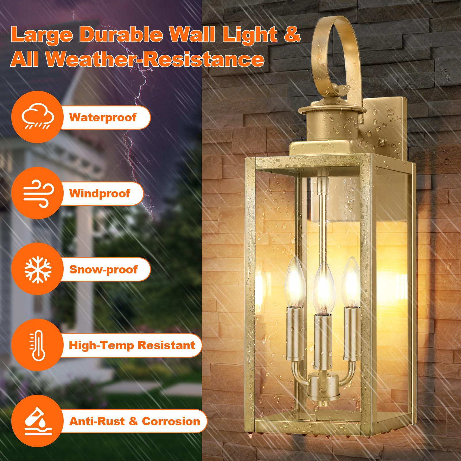 19'' Large Outdoor Wall Lantern, Gold Waterproof Outside Wall Sconce Lights For House, Anti-Rust Exterior Lighting Fxitures With