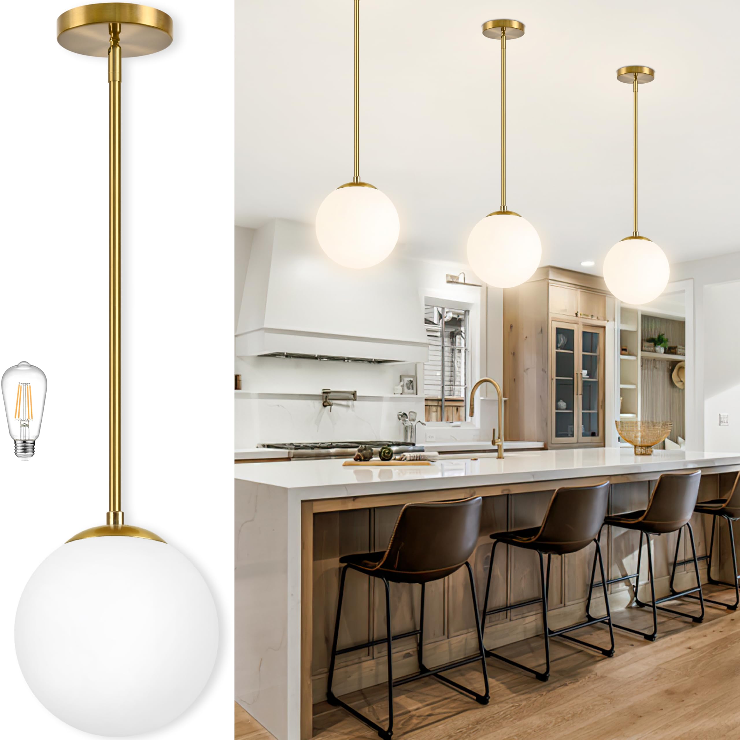 Bagood 10 Inch Globe Pendant Light Gold Mid Century Pendant Light Contemporary Globe Pendant Lights Adjustable Hanging Light Fix