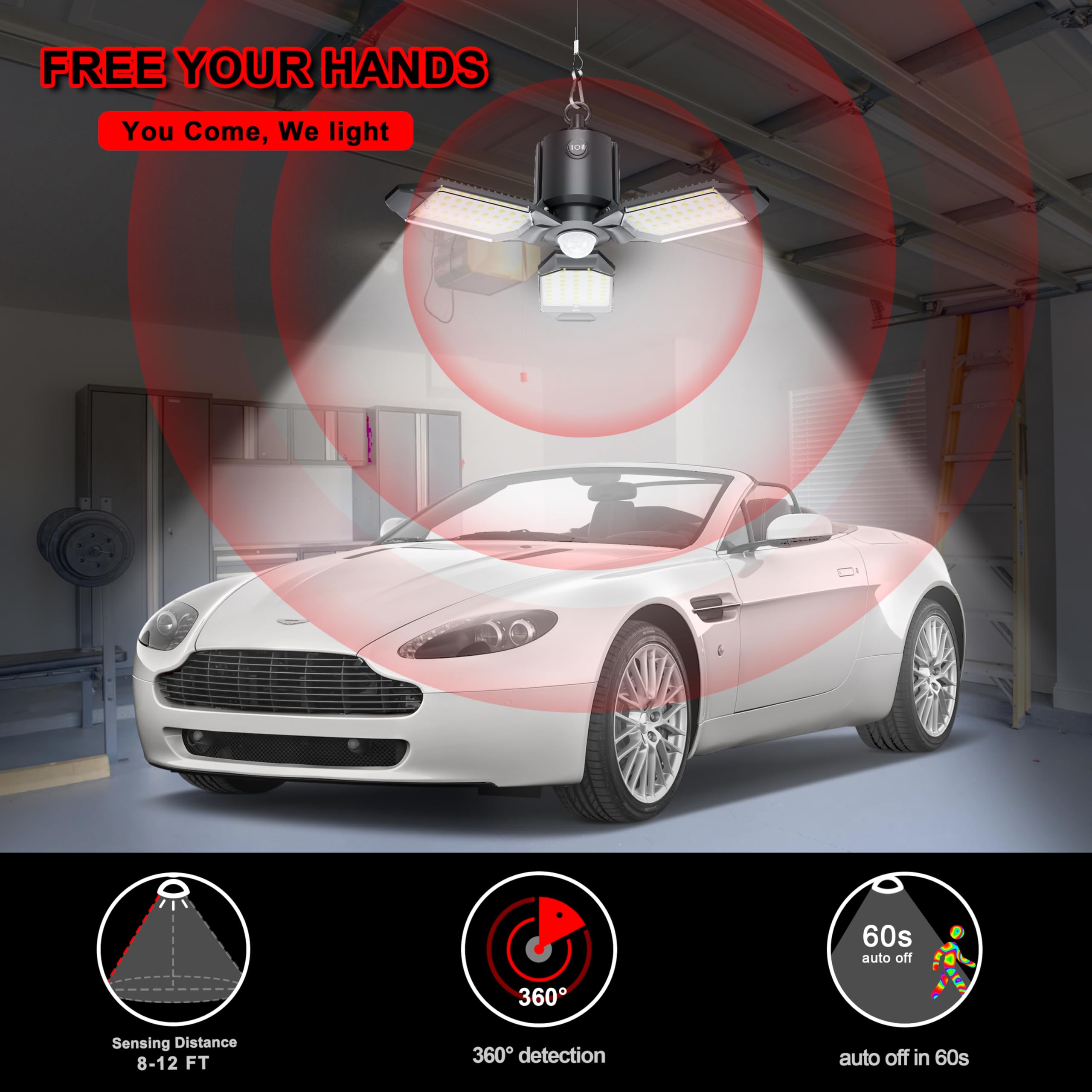 Craftersmark Plug In Garage Light Motion Sensor, 80W 8000Lm Motion Sensor Light Indoor, Deformable Led Shop Light, Motion Activa