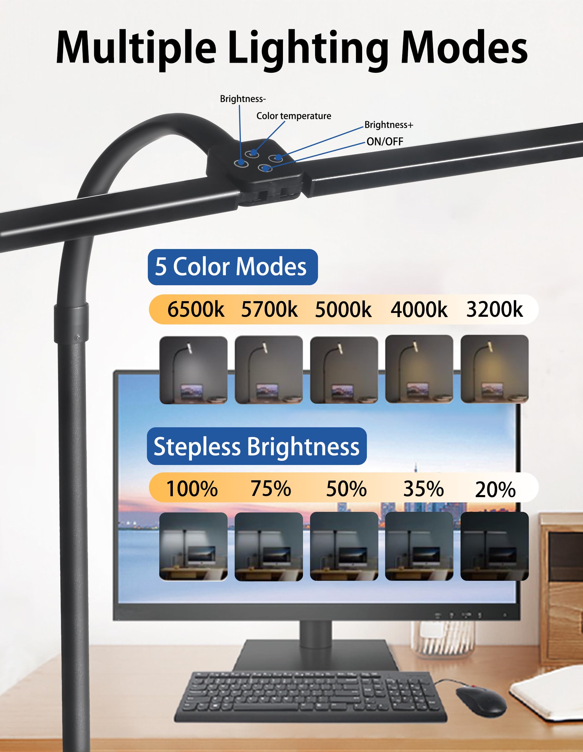 LED Desk Lamp for Home Office, Double Head Flexible Gooseneck with Clamp & Base, 24W High Brightness Eye-Car ing, 25 Modes & Rem