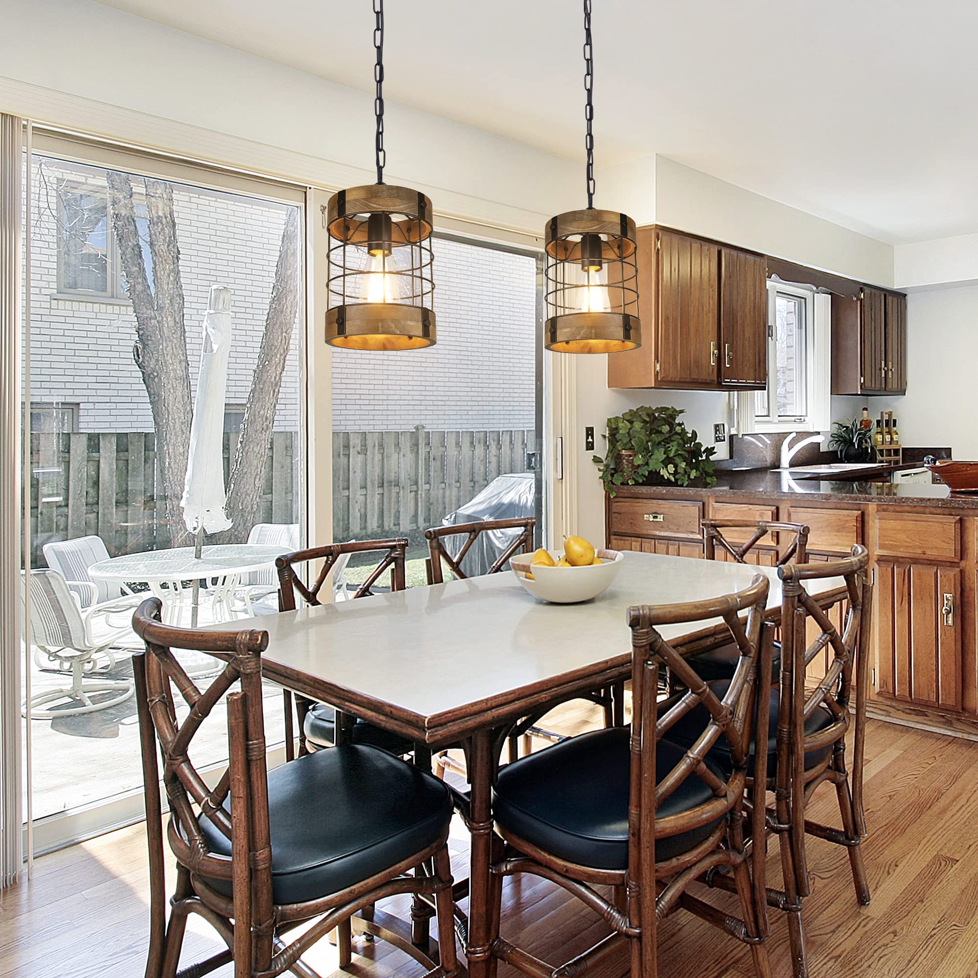 Rustic Pendant Light Fixtures, Farmhouse Kitchen Wood Hanging Lighting, Industrial Round Cage Chandelier For Entryway Hallway Di