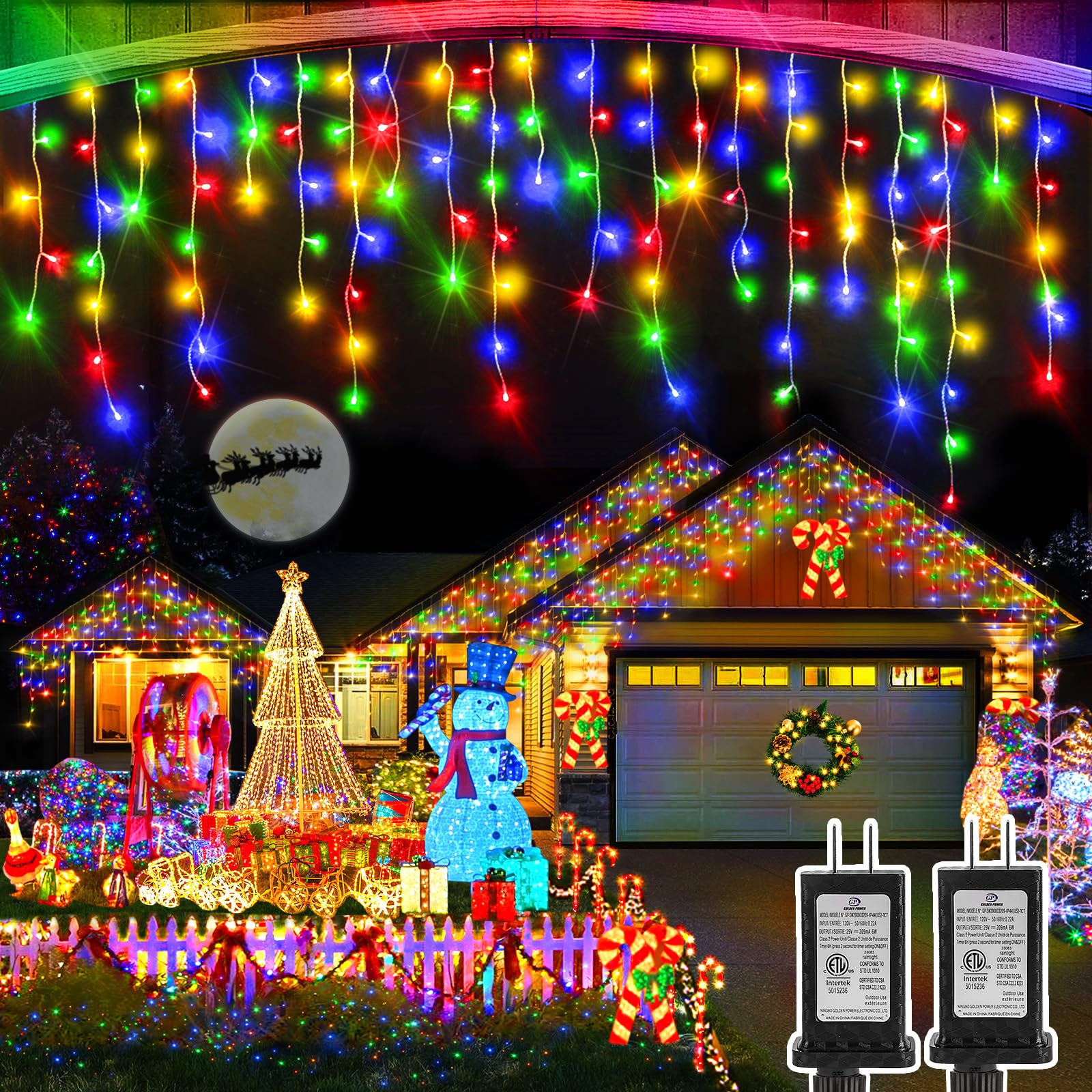 Heceltt Christmas Lights Outdoor 2 Pack 98FT 960 LED Multicolor Waterproof Eaves Roof Party Decor Model BG-CL3M3-306L01