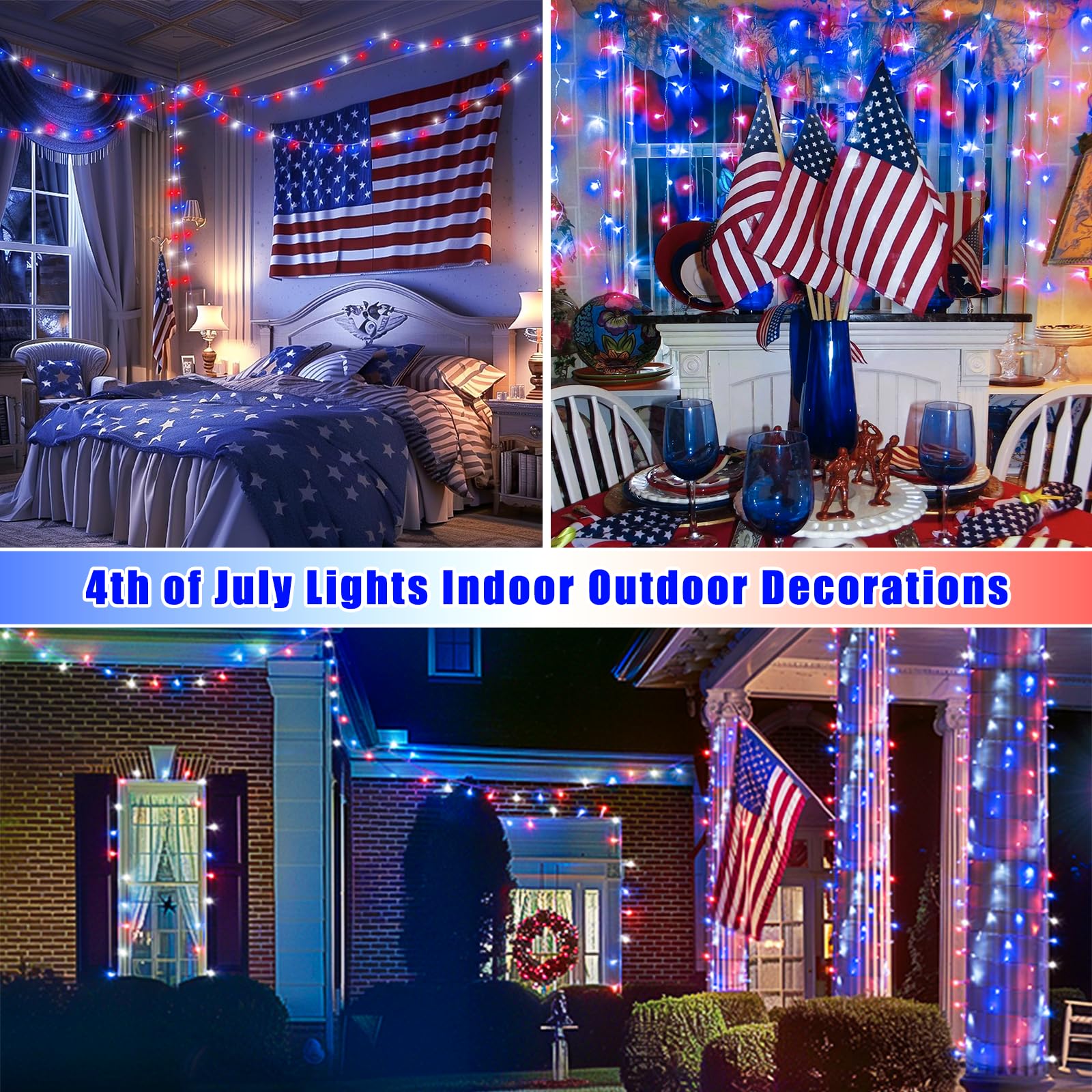 Potive 200 Led Red White Blue Outdoor String Lights, 66Ft Waterproof Patriotic Decor