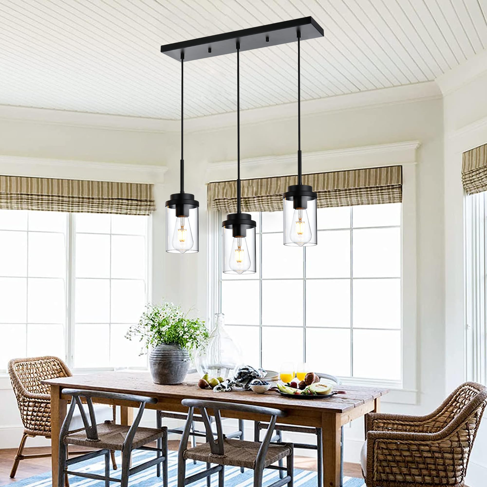 MELUCEE Linear Chandelier, 3 Lights, Black Finish, Glass Shade, 23.6in Length, Model 4-4501-3RD-BL