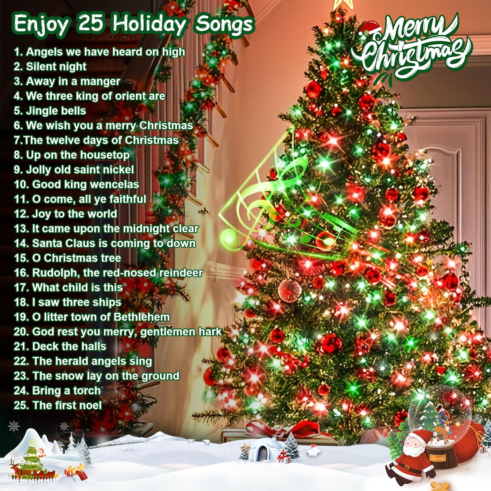 LAMPHOME Musical Christmas Lights, 100 Lights, 23.7ft, Plays 25 Songs, UL Certified, Red and Green Mini Bulb String Lights