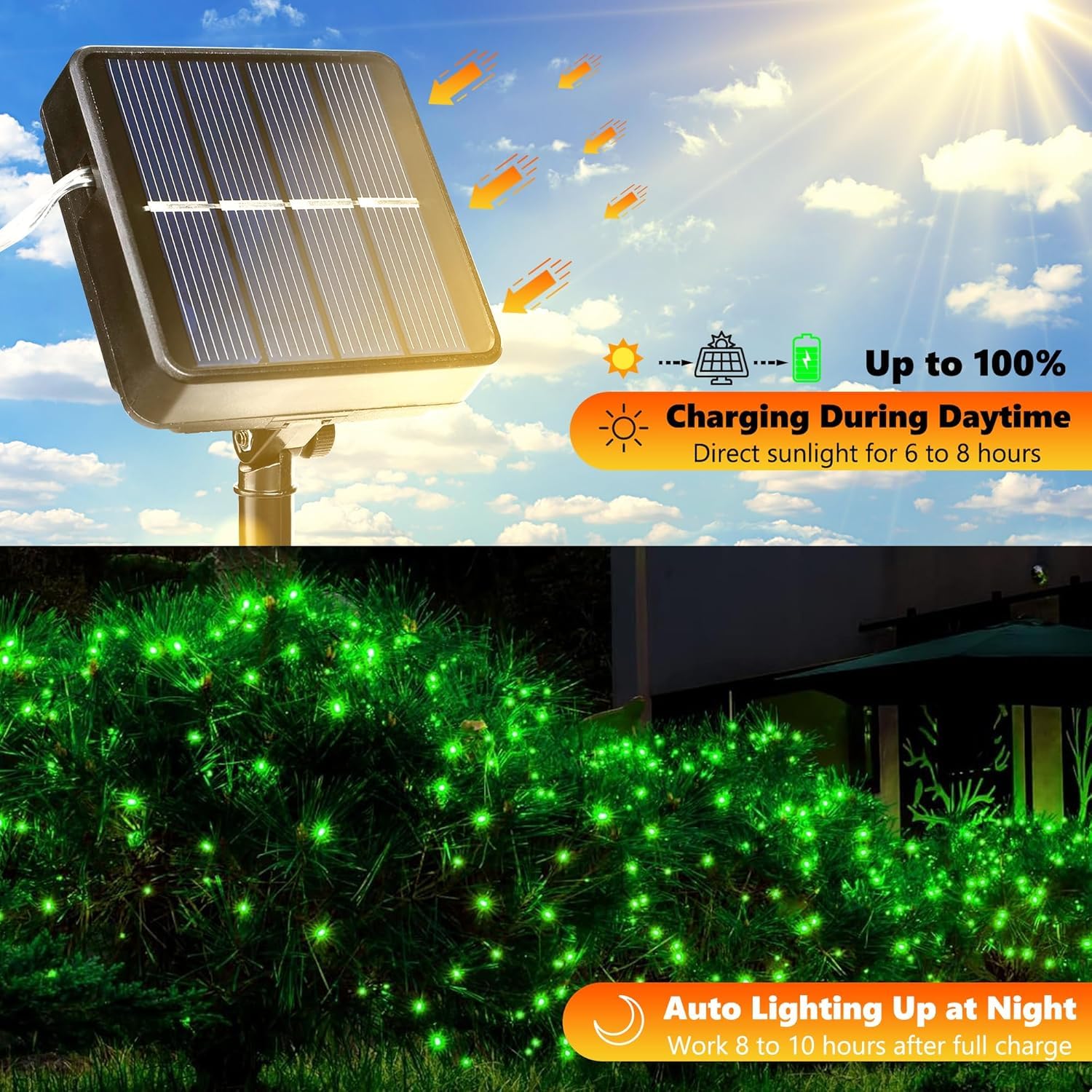 Lomotech Solar String Lights - 66ft 200LED Waterproof Fairy Lights, 8 Modes, Copper Wire, Green, Model LO-S100-005-2